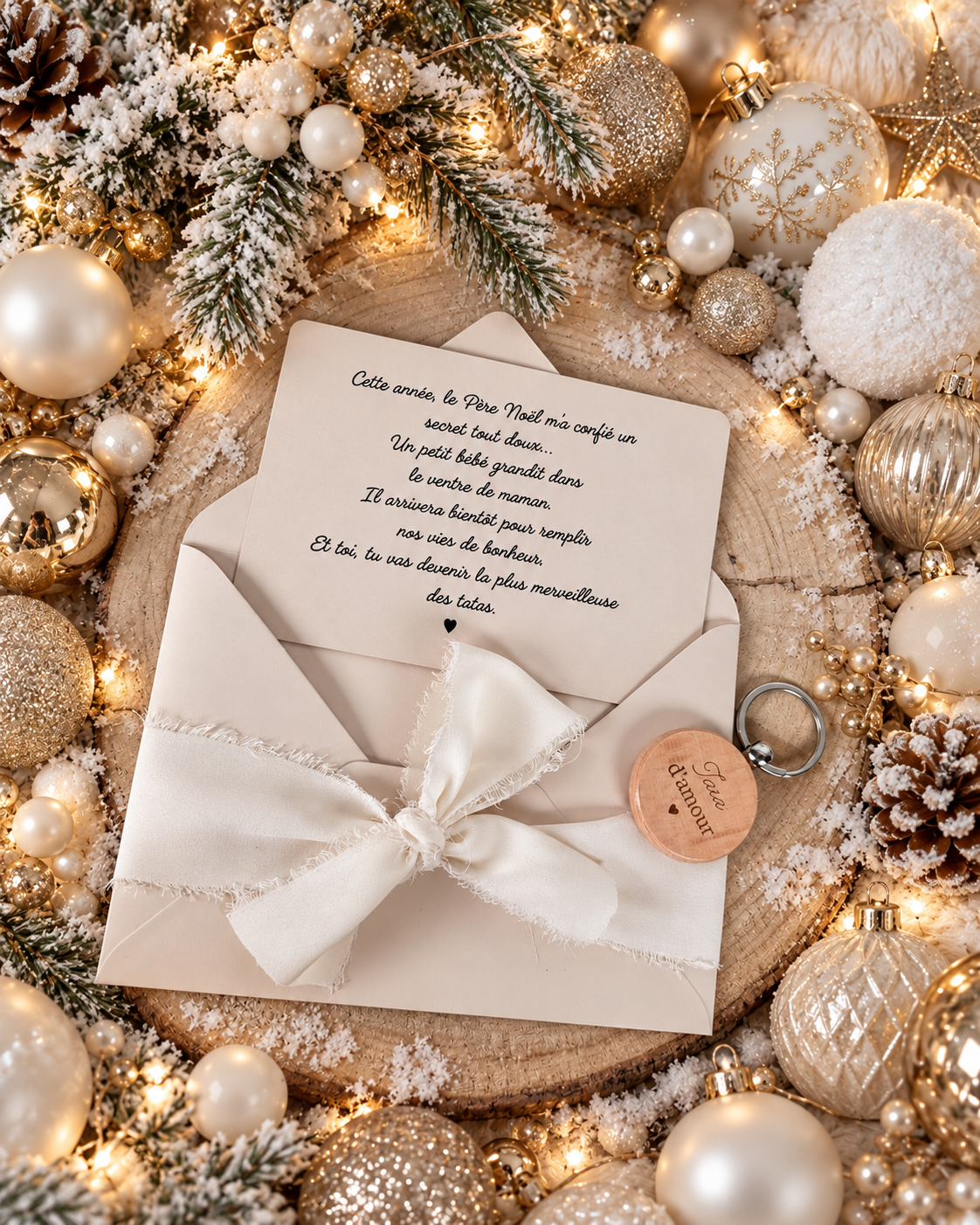 Annonce grossesse carte porte clé bois tata beige noel
