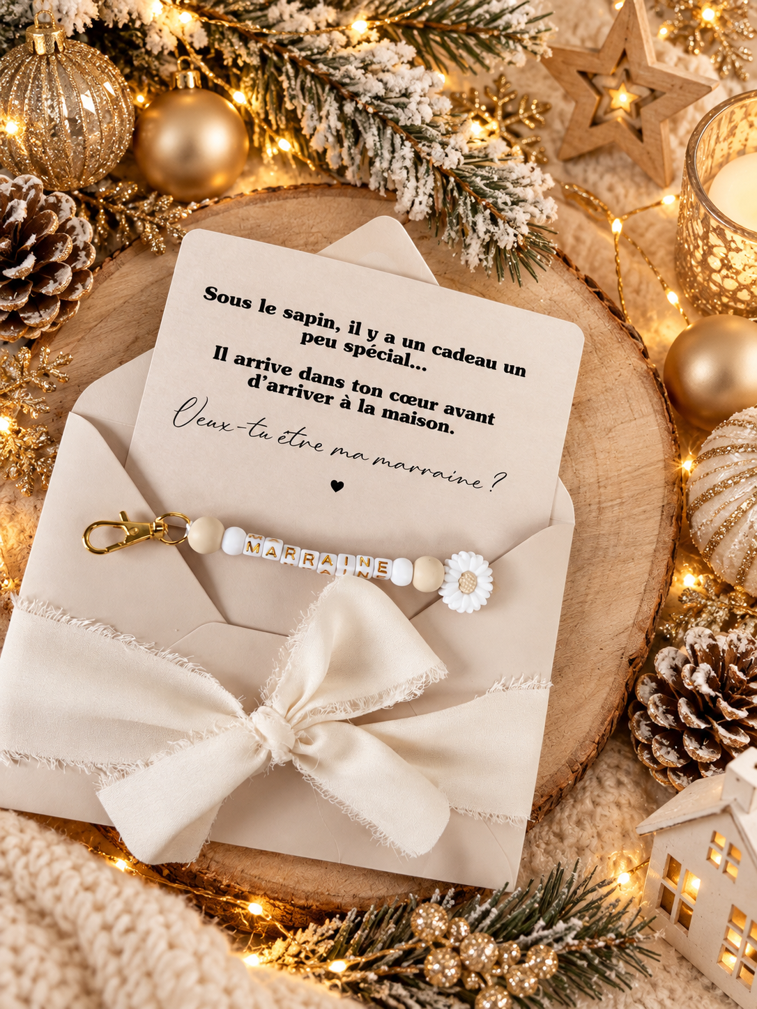 Annonce grossesse, demande marraine, blanc baptême, carte et porte clé en perles noel