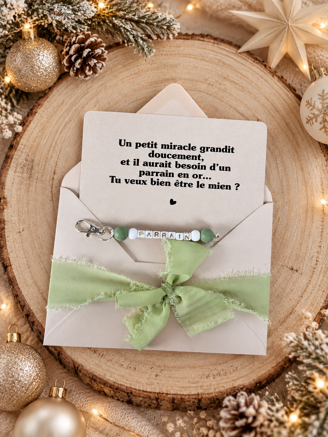 Annonce grossesse, demande parrain carte porte clé noel vert perle
