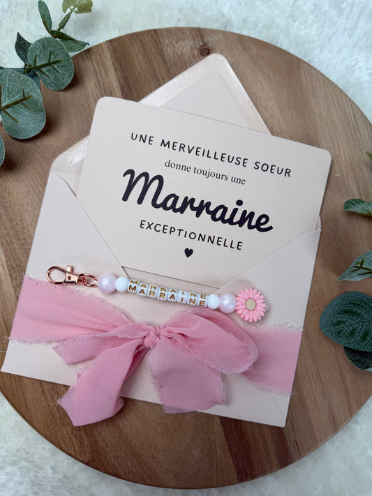 Annonce grossesse, demande marraine, rose baptême, carte et porte clé en perles