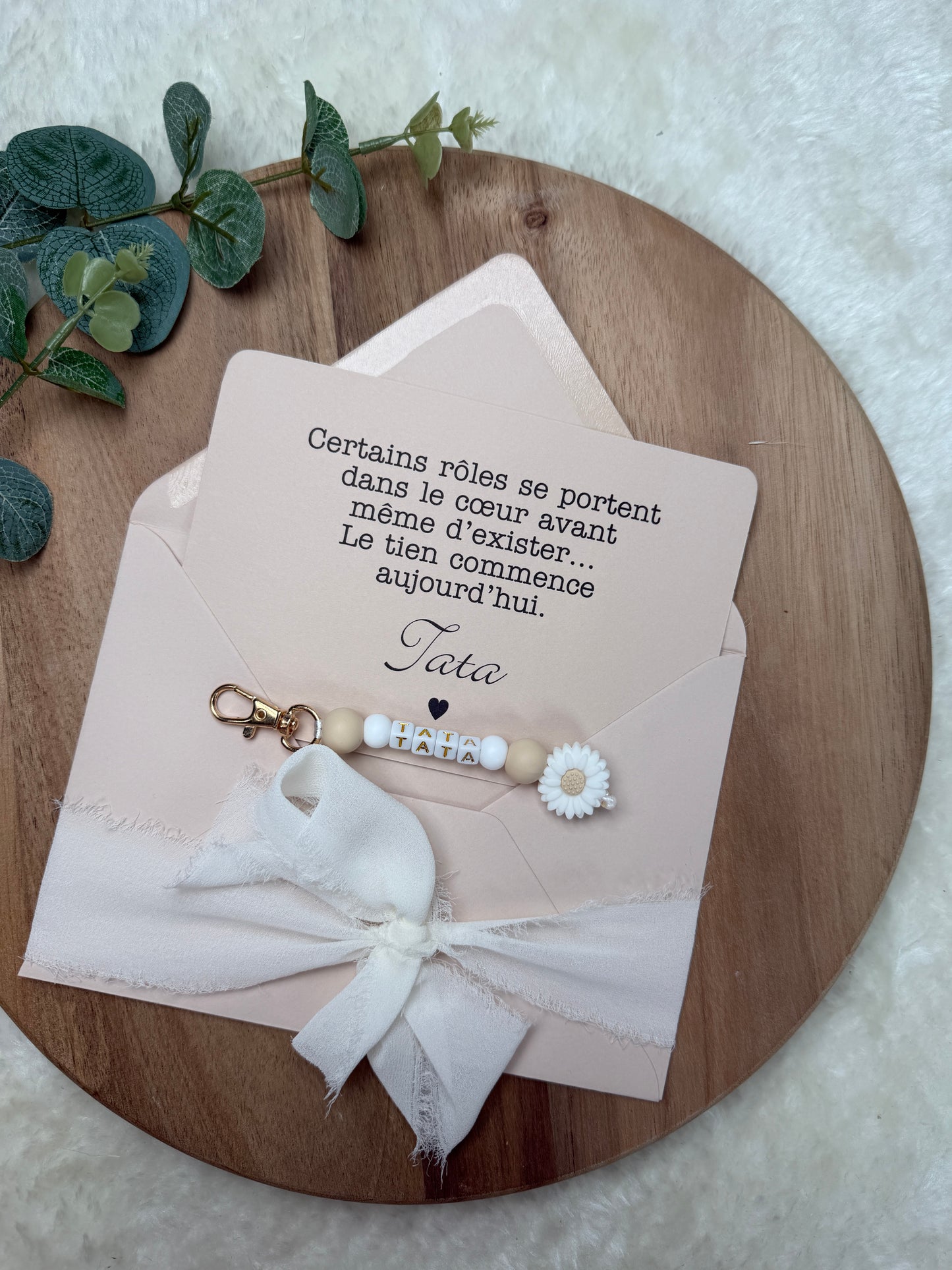 Annonce grossesse carte porte clé perle tata beige