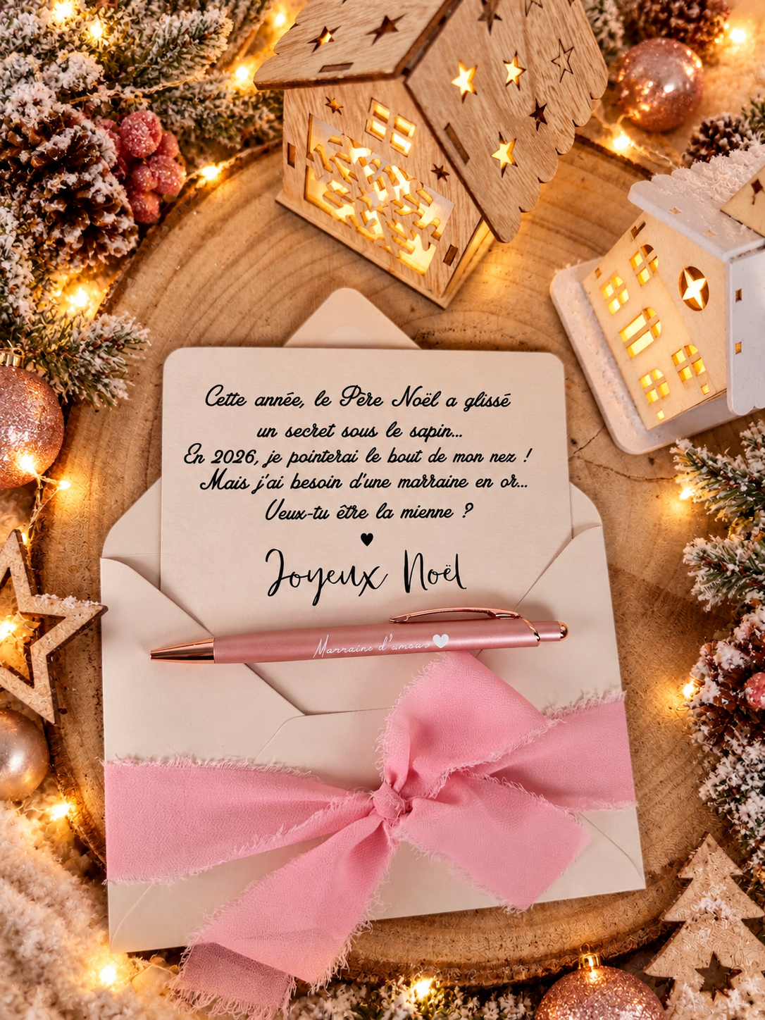 Annonce grossesse, demande marraine, blanc baptême, carte et stylo noel