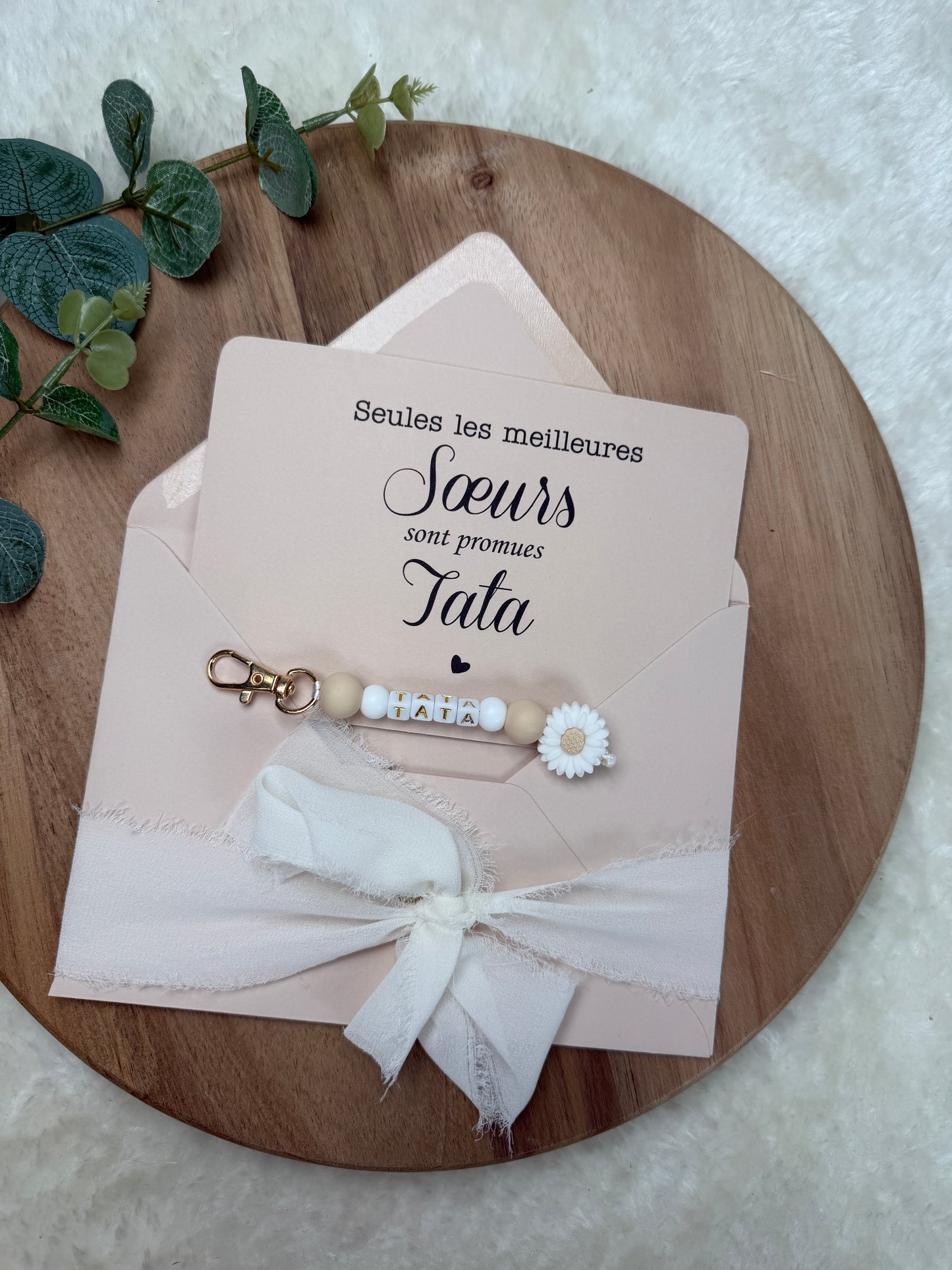 Annonce grossesse carte porte clé perle tata beige