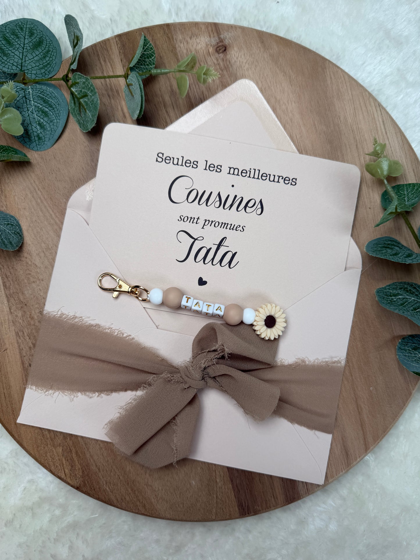 Annonce grossesse carte porte clé perle tata marron