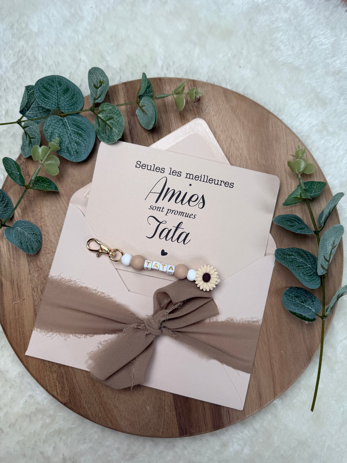 Annonce grossesse carte porte clé perle tata marron