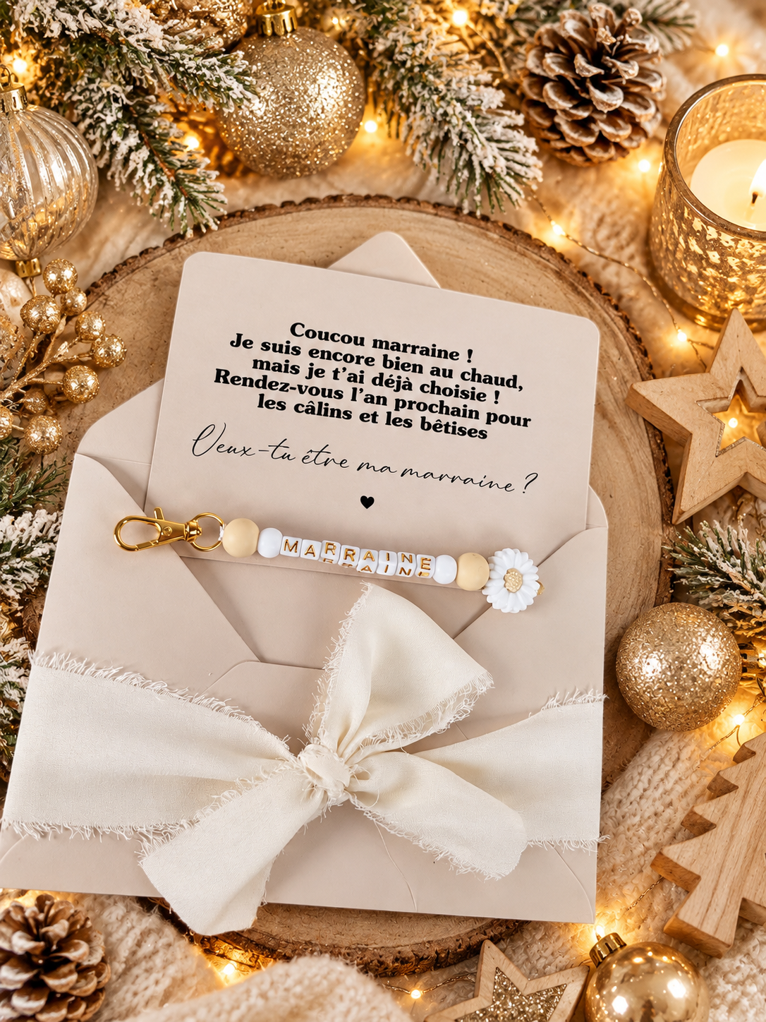 Annonce grossesse, demande marraine, blanc baptême, carte et porte clé en perles noel