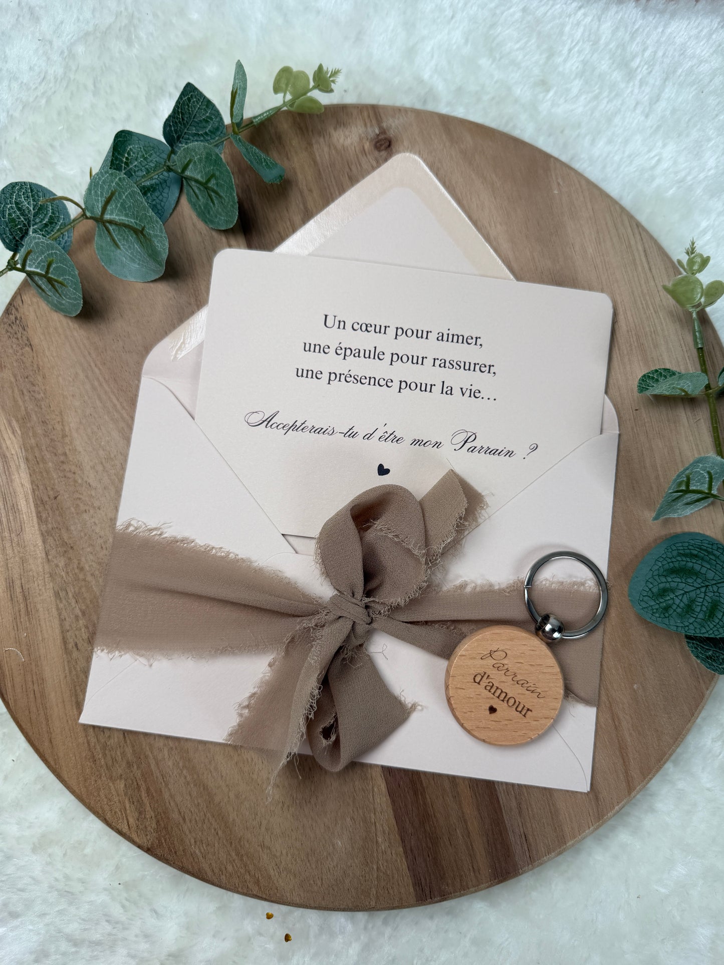 Annonce grossesse demande parrain, baptême carte avec petit porte clé en bois pour parrain d’amour