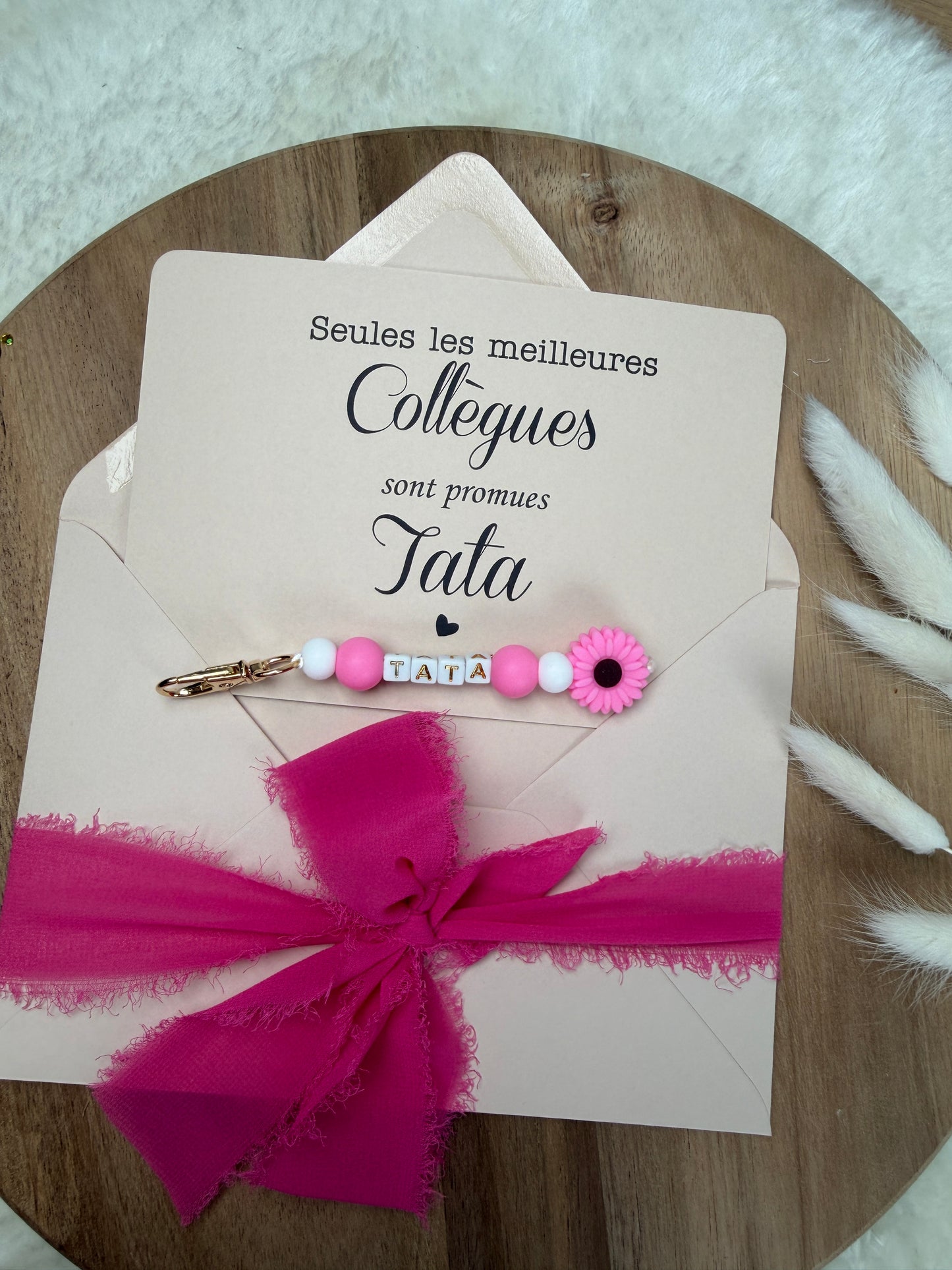 Annonce grossesse carte porte clé perle rose fuchsia