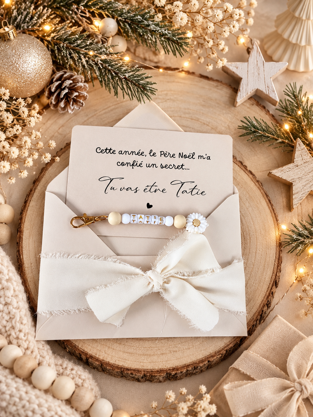 Annonce grossesse tatie carte porte-clés en perles blanche noel