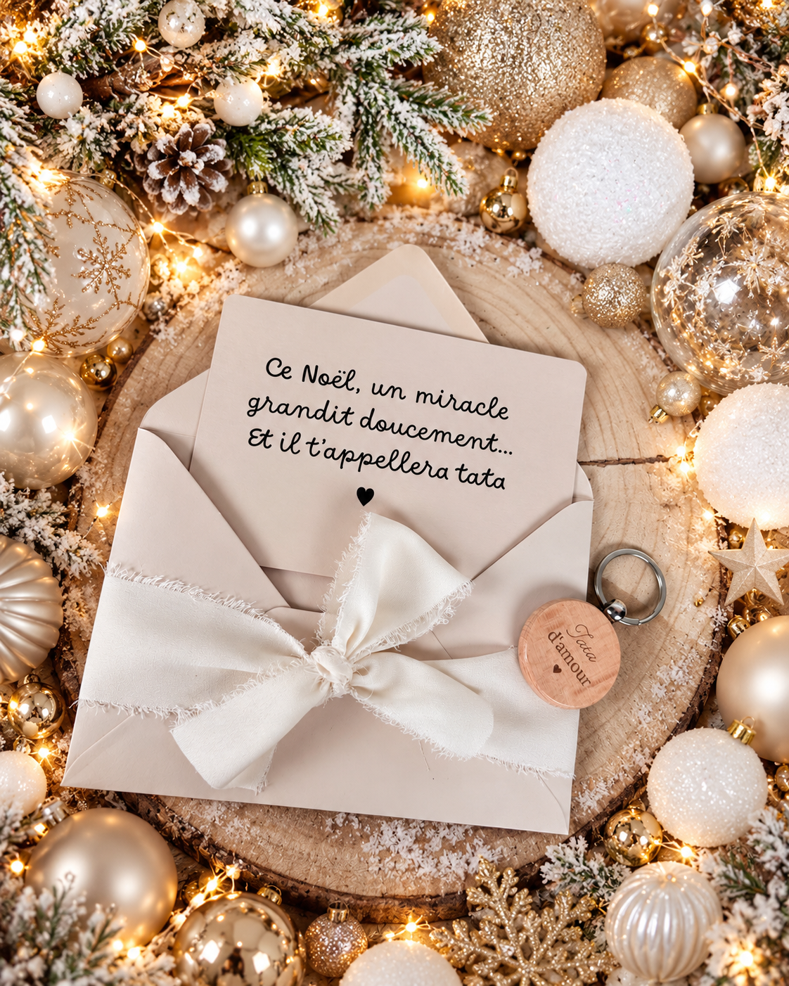 Annonce grossesse carte porte clé bois tata beige noel