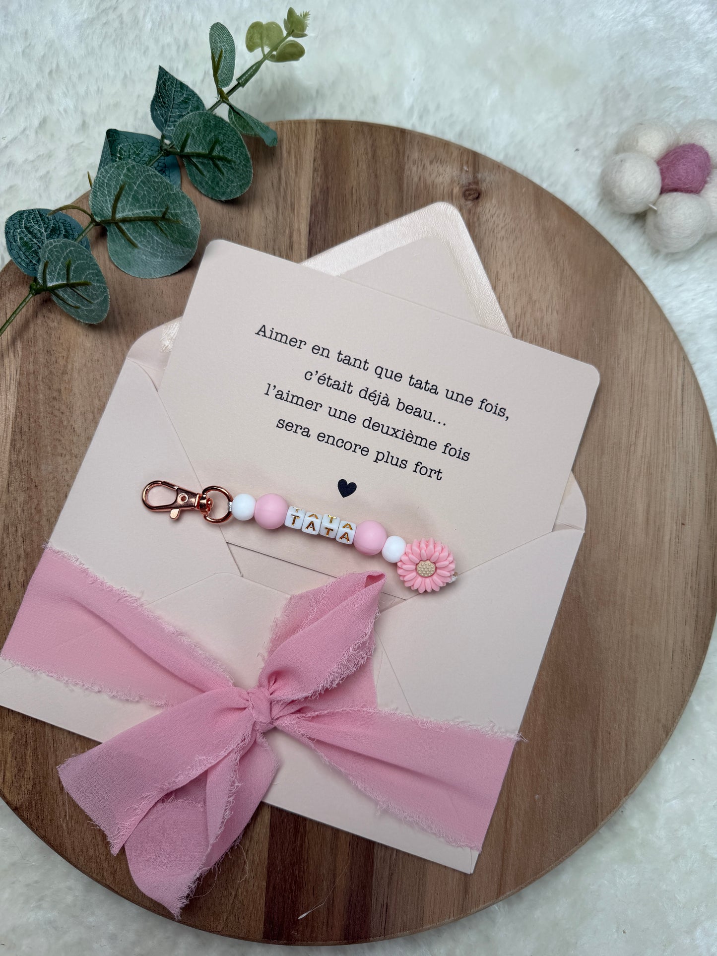Annonce grossesse carte porte clé perle tata rose