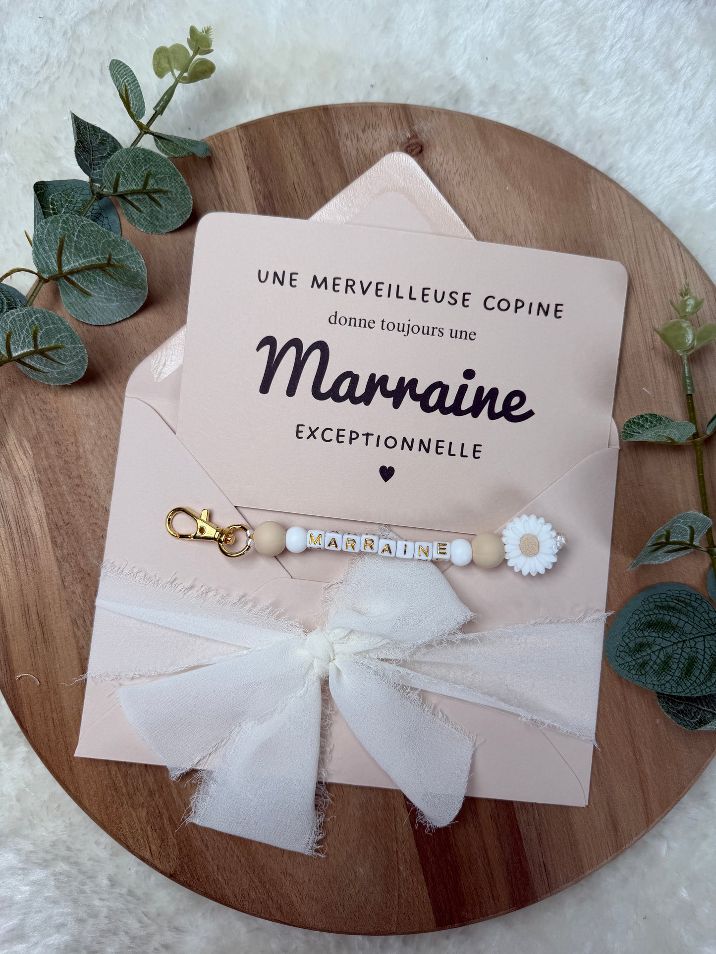 Annonce grossesse, demande marraine, blanc baptême, carte et porte clé en perles