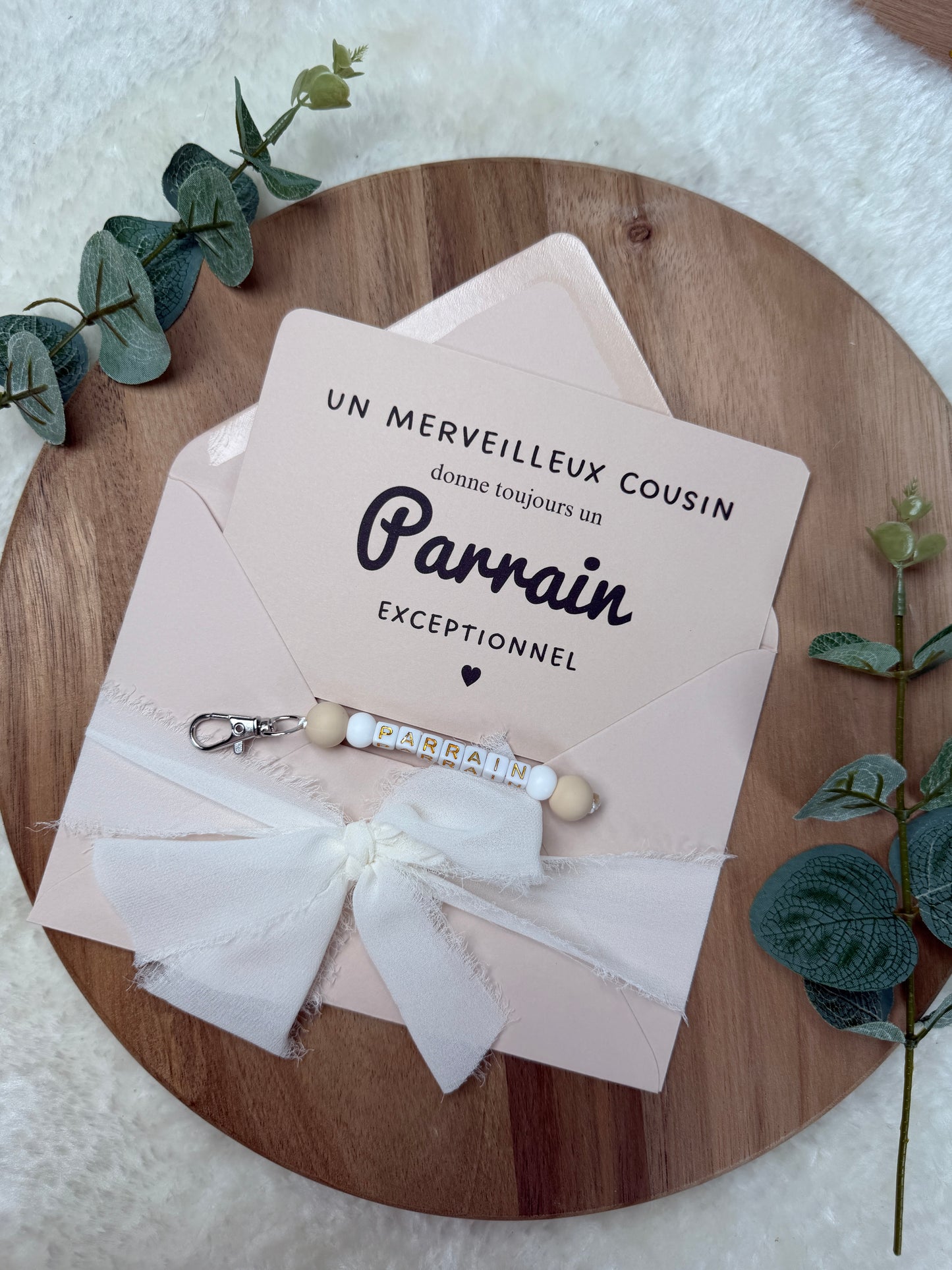 Annonce grossesse carte porte-clés parrain beige