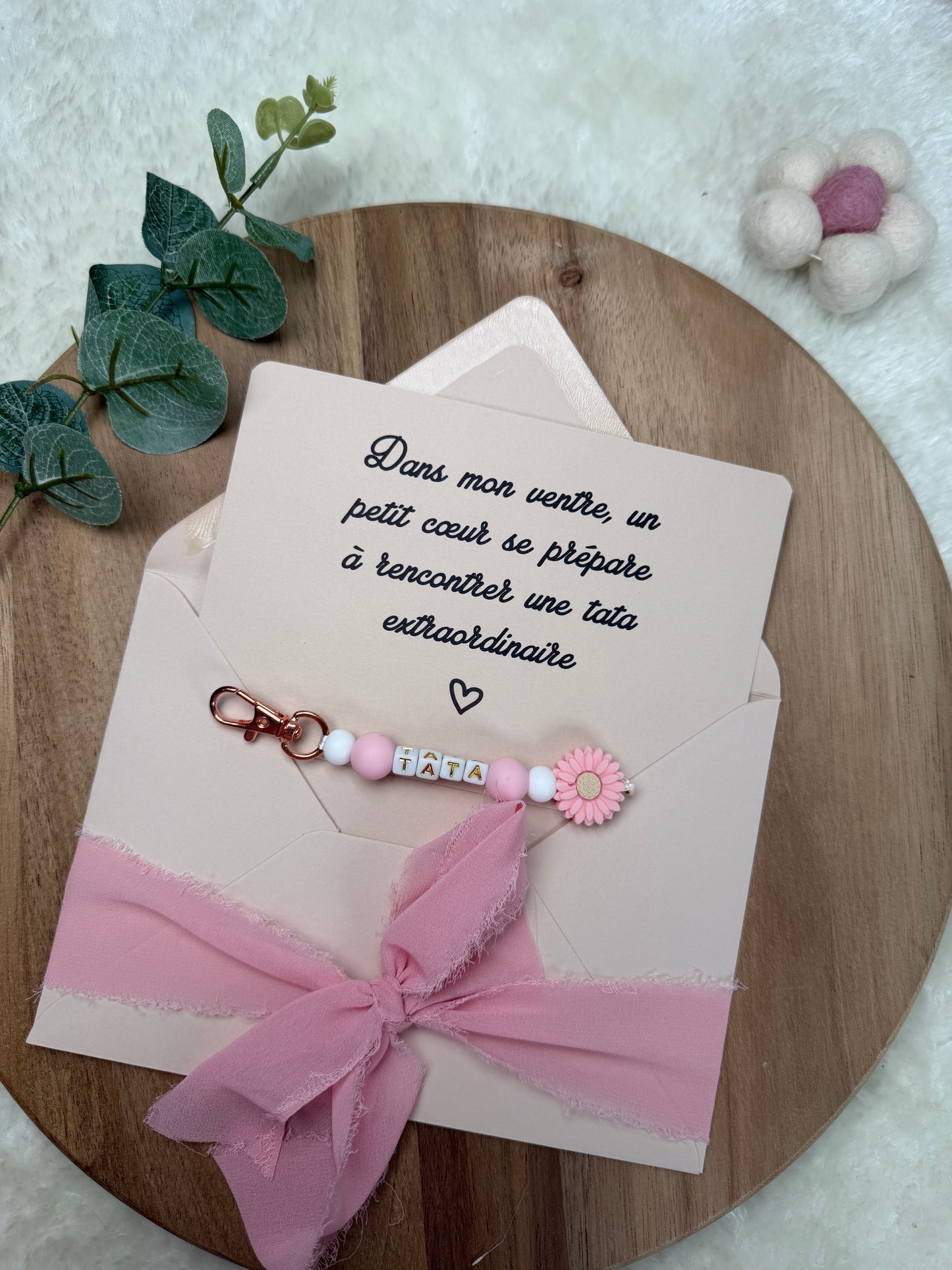 Annonce grossesse carte porte clé perle tata rose