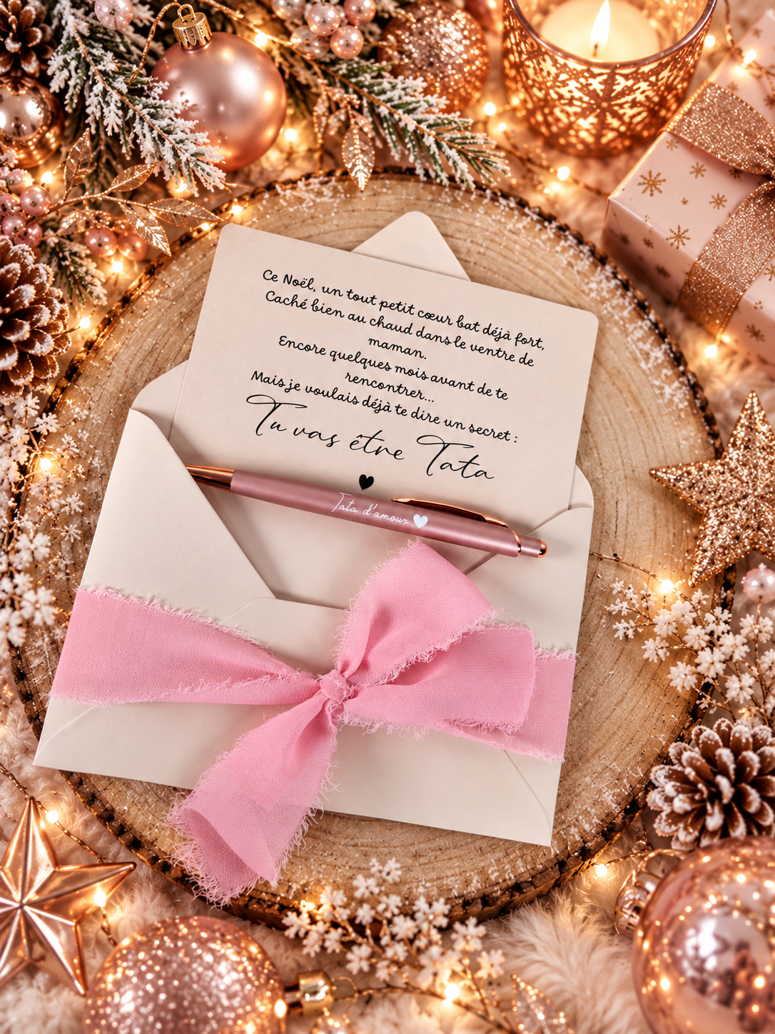 Annonce grossesse carte stylo tata beige Noël