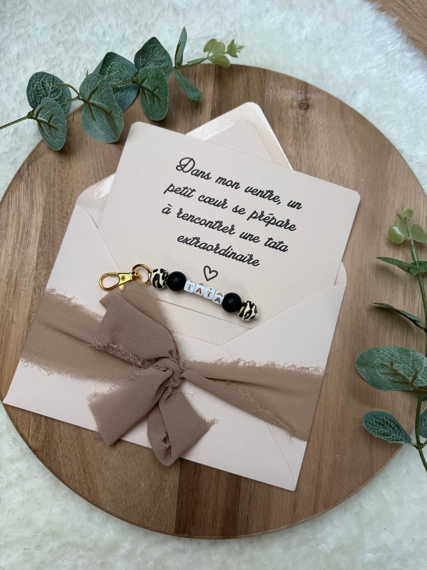 Annonce grossesse carte porte clé perle tata léopard