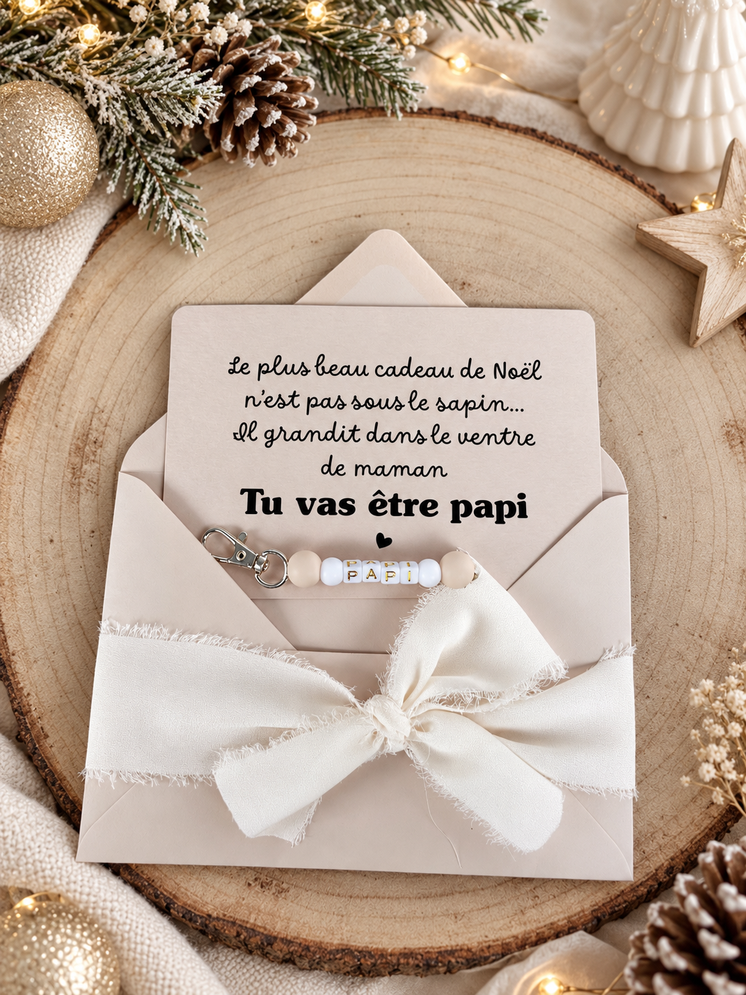 Annonce grossesse papi carte avec petit porte clés perles noel