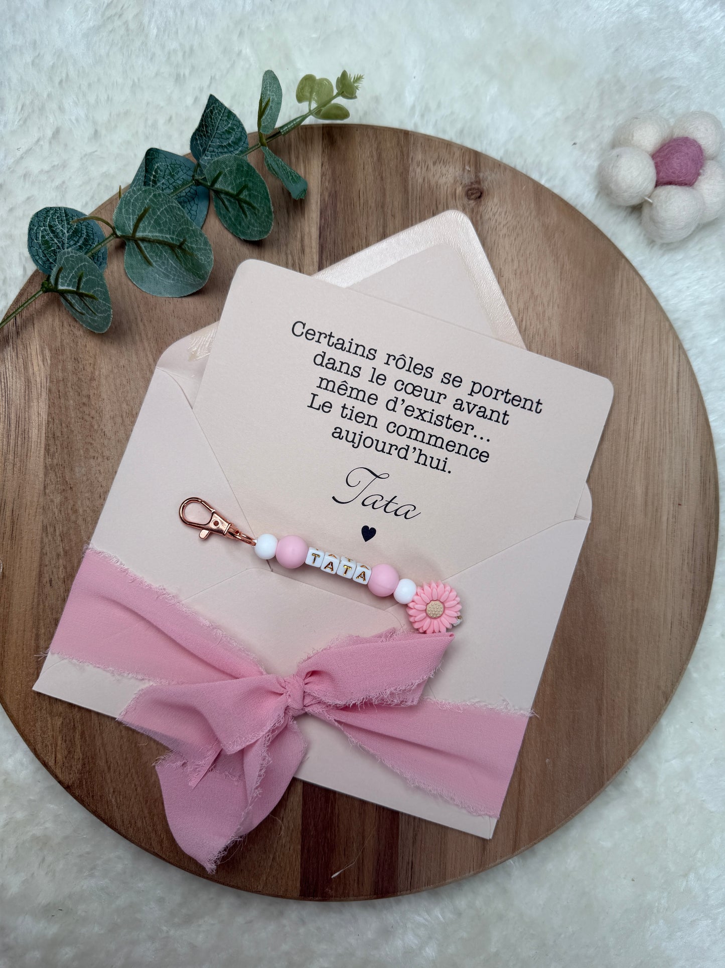 Annonce grossesse carte porte clé perle tata rose