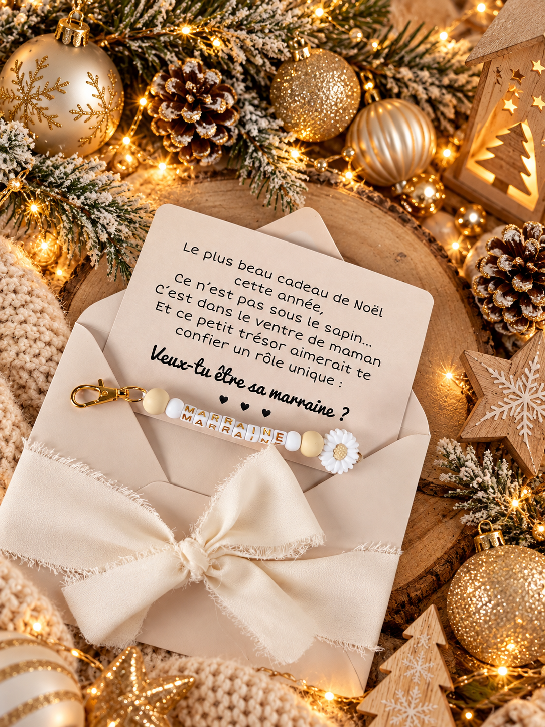 Annonce grossesse, demande marraine, blanc baptême, carte et porte clé en perles noel