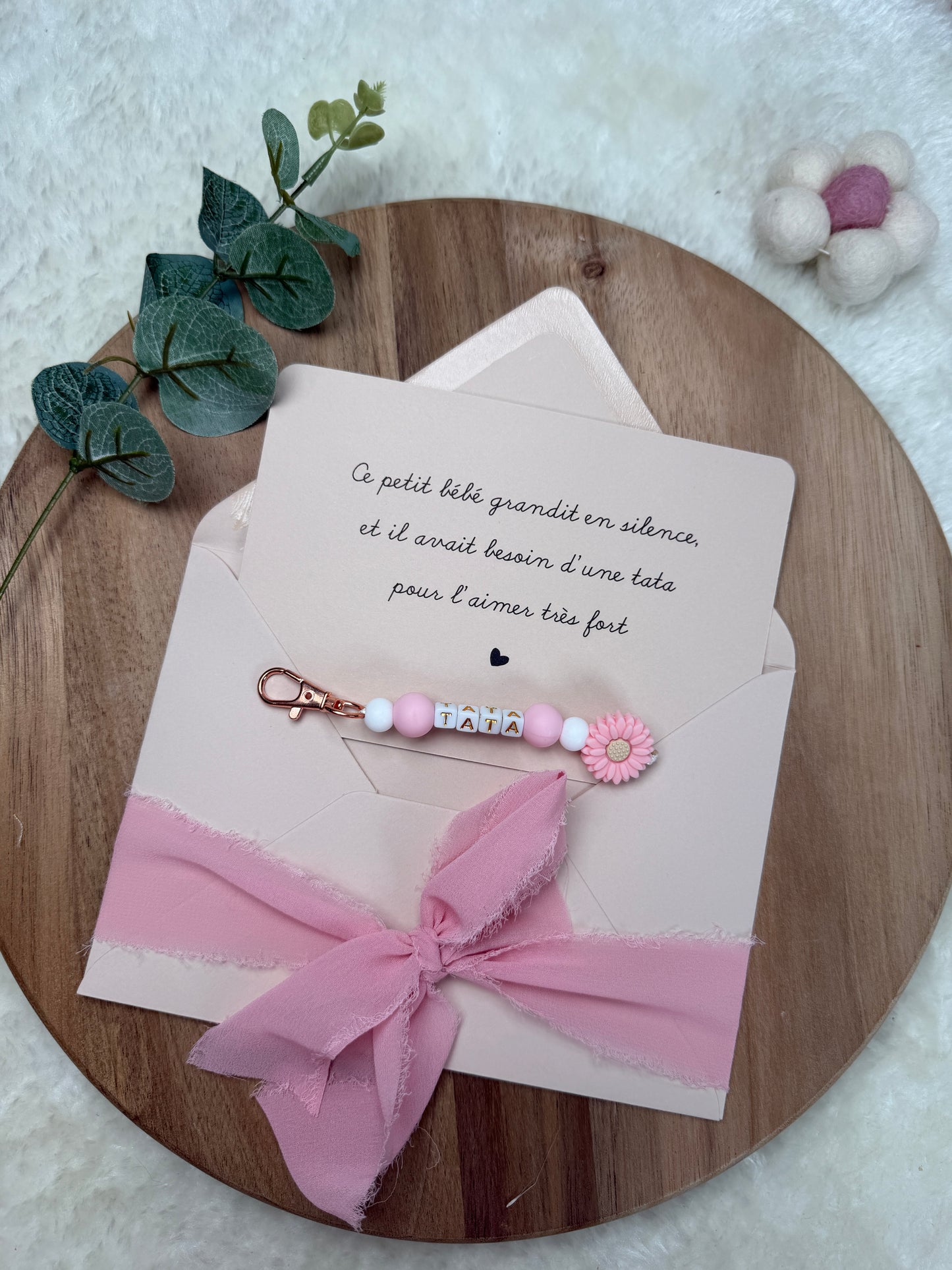 Annonce grossesse carte porte clé perle tata rose