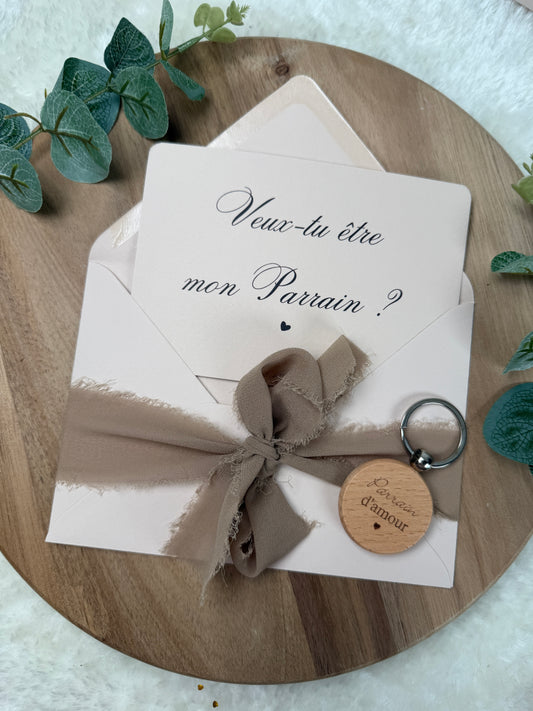 Annonce grossesse demande parrain, baptême carte avec petit porte clé en bois pour parrain d’amour