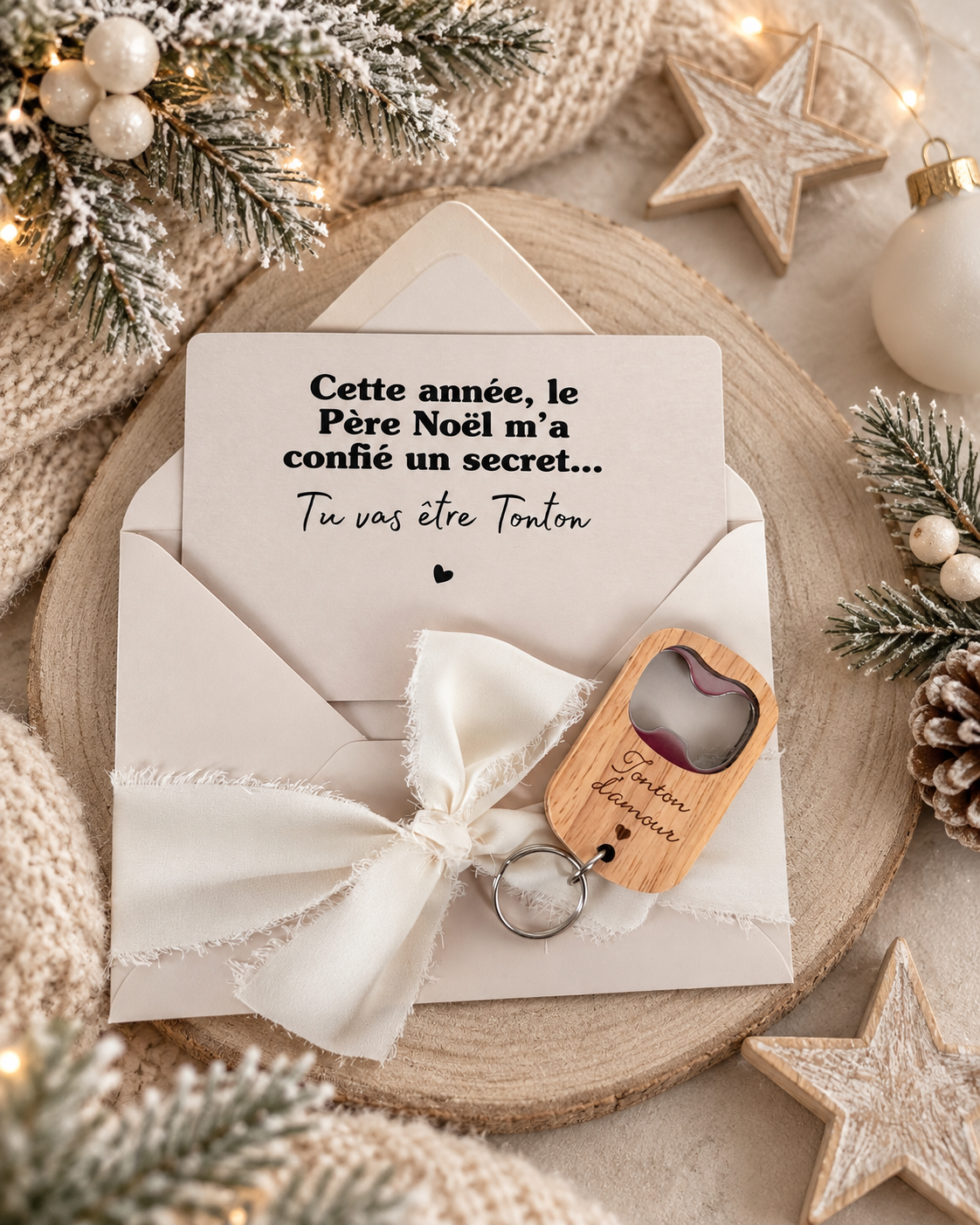 Annonce de grossesse décapsuleur/bouchon bouteille  et carte pour tonton d'amour beige noel