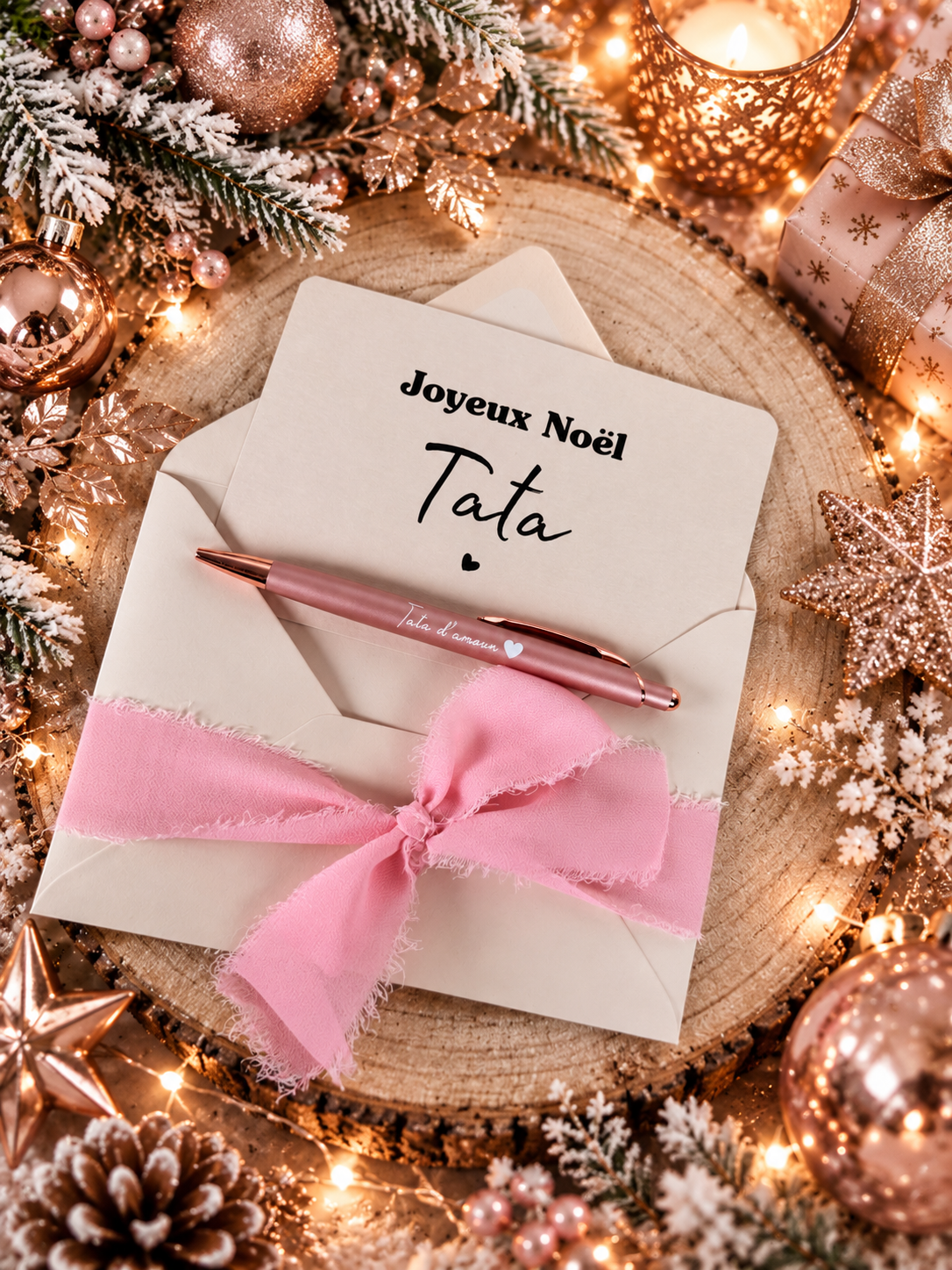 Annonce grossesse carte stylo tata beige Noël