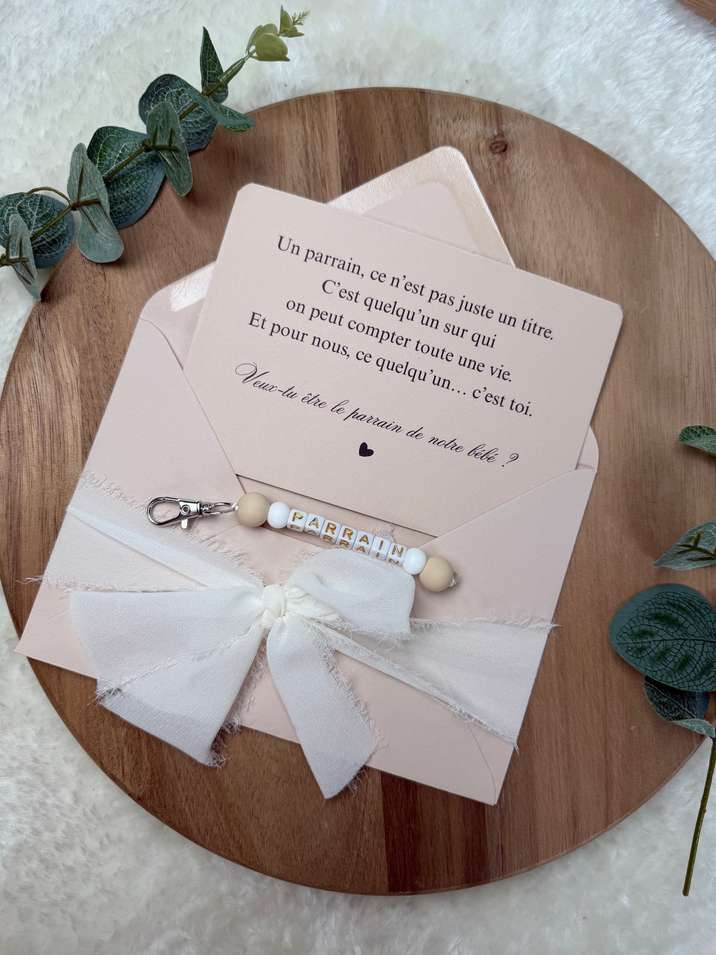 Annonce grossesse carte porte-clés parrain beige