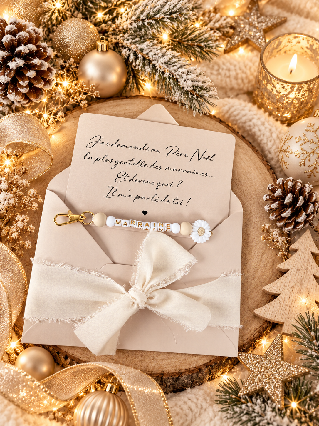 Annonce grossesse, demande marraine, blanc baptême, carte et porte clé en perles noel