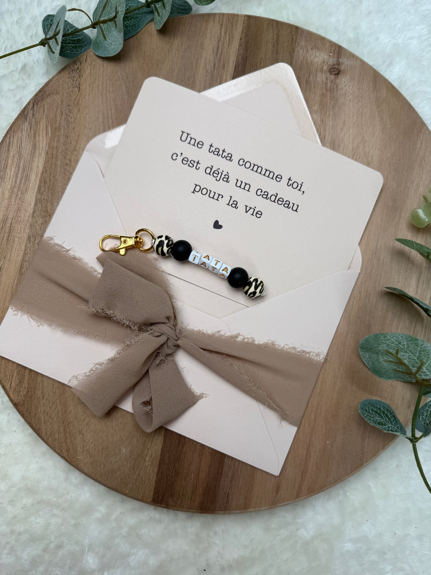 Annonce grossesse carte porte clé perle tata léopard