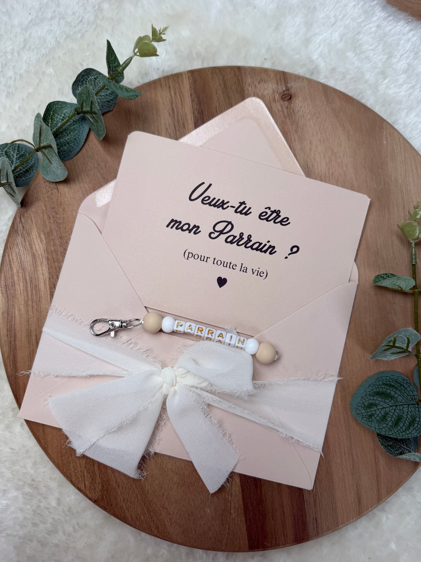 Annonce grossesse carte porte-clés parrain beige