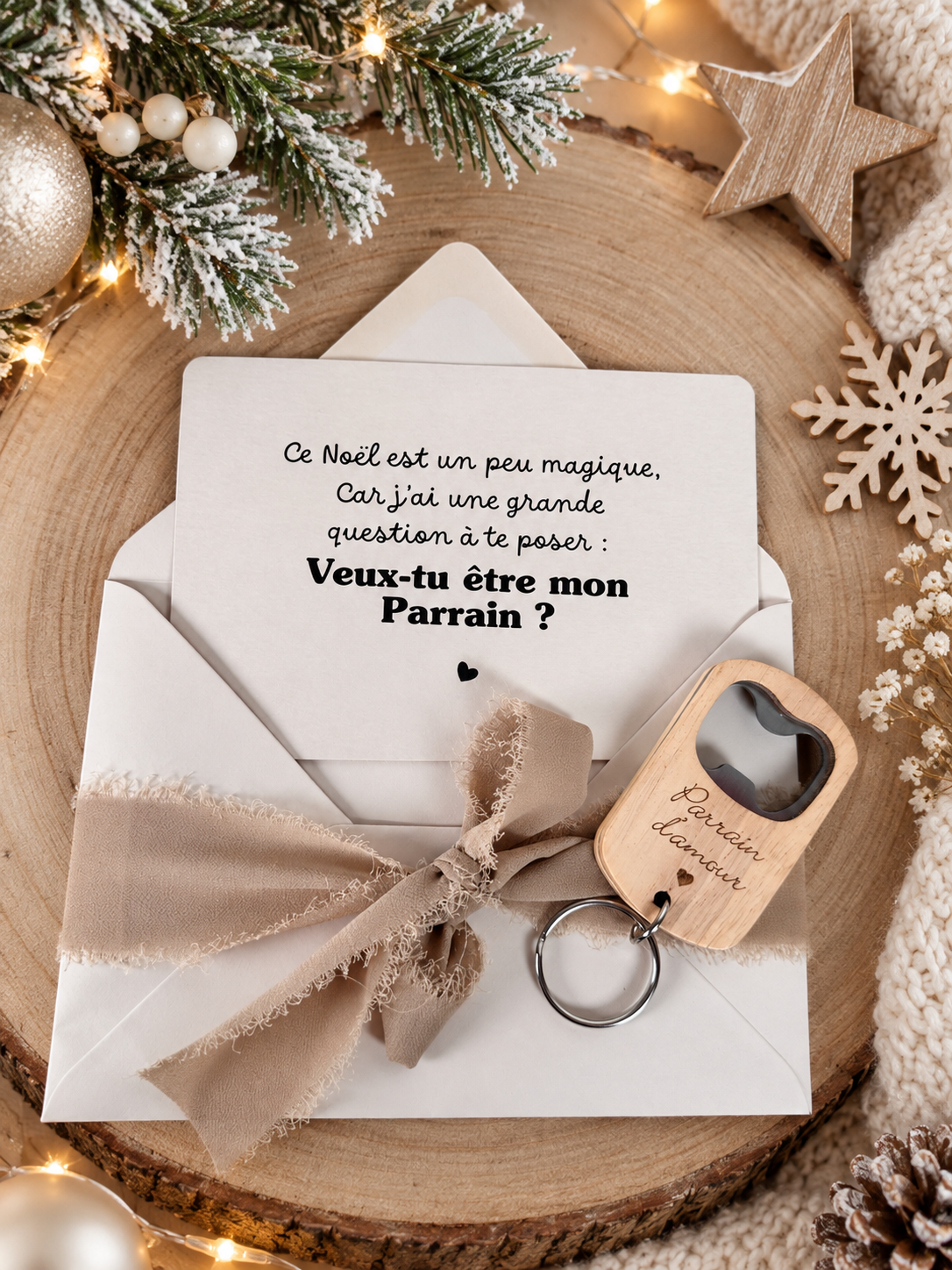 Annonce grossesse, demande parrain carte décapsuleur simple ou porte clé noel