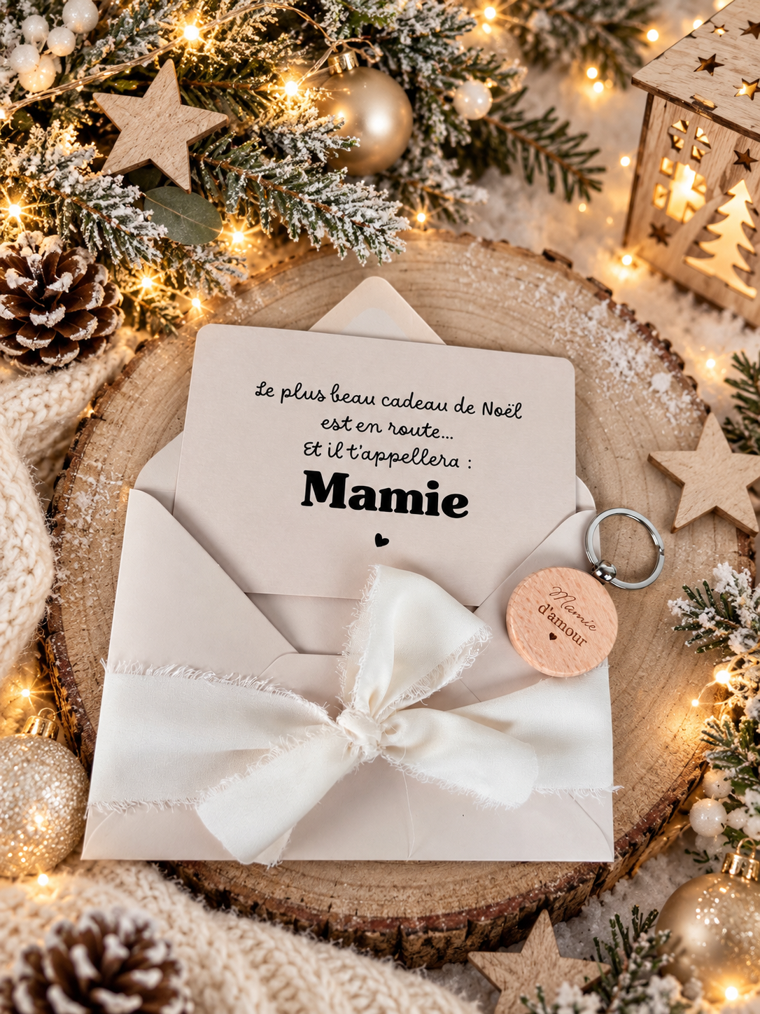 Annonce grossesse mamie carte avec petit porte clé en bois noel
