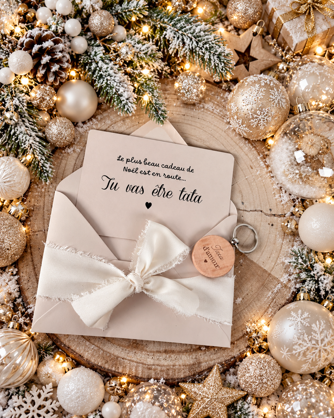 Annonce grossesse carte porte clé bois tata beige noel