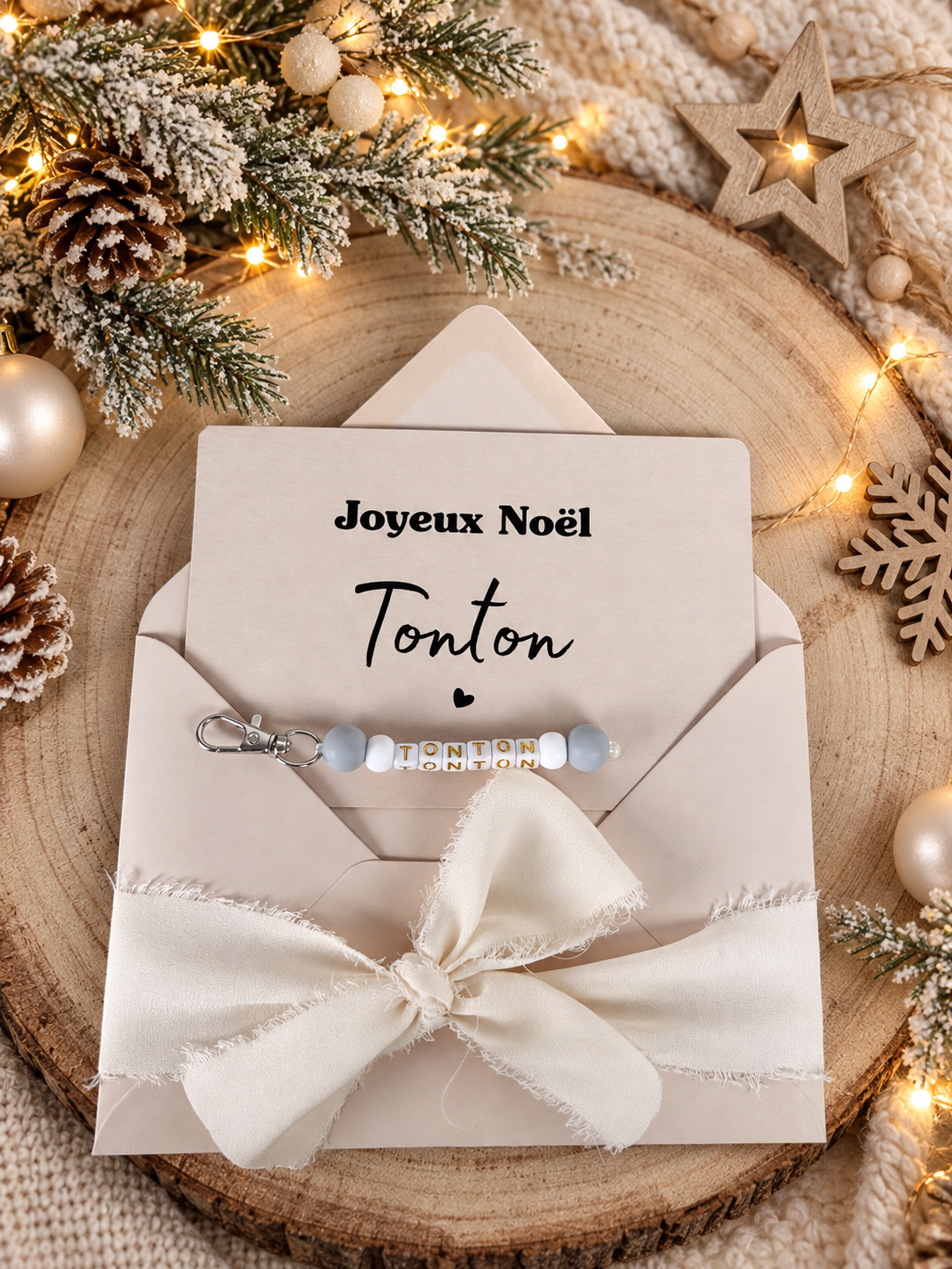 Annonce grossesse tonton carte avec petit porte clés perles grises noel
