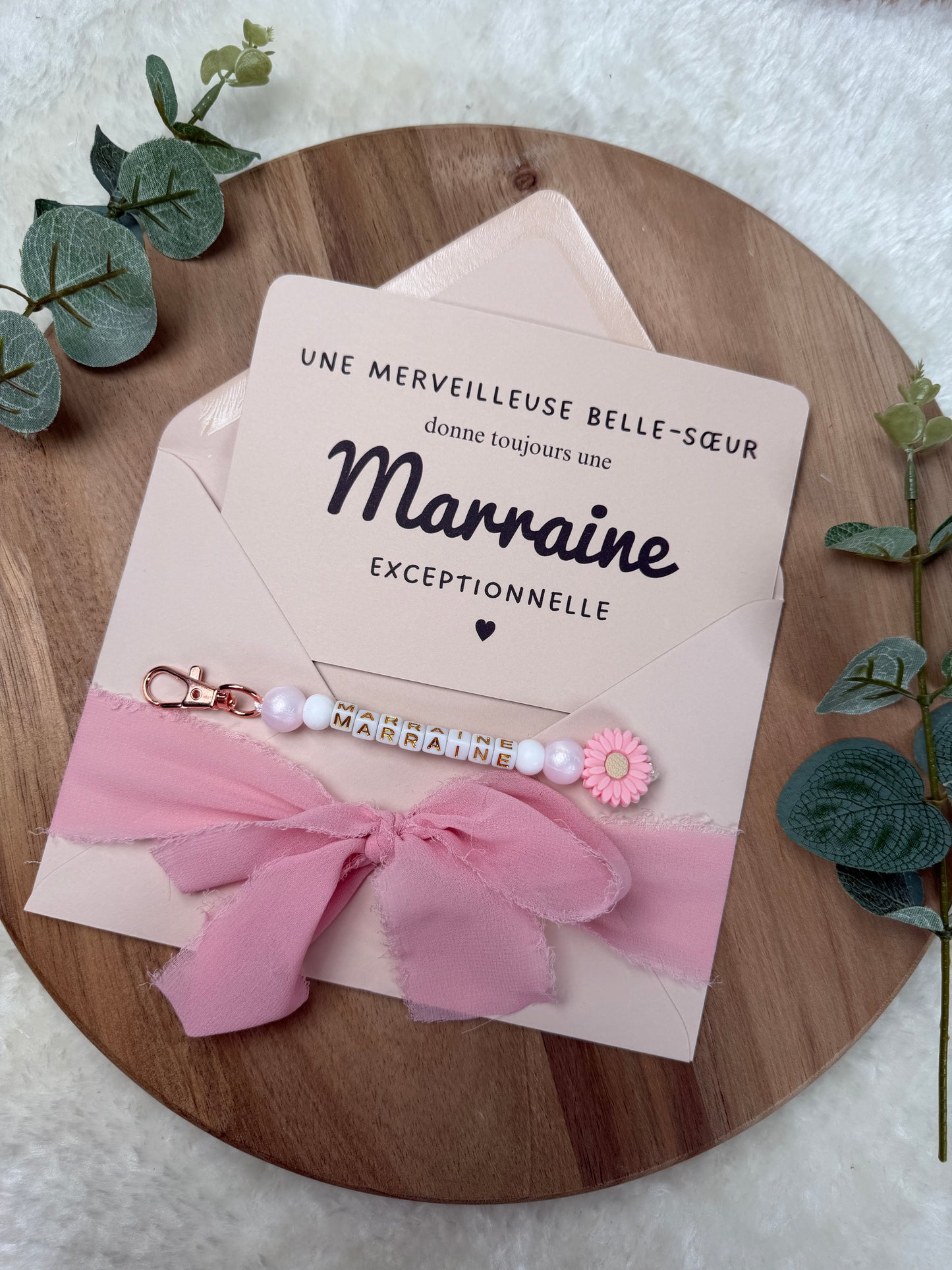 Annonce grossesse, demande marraine, rose baptême, carte et porte clé en perles