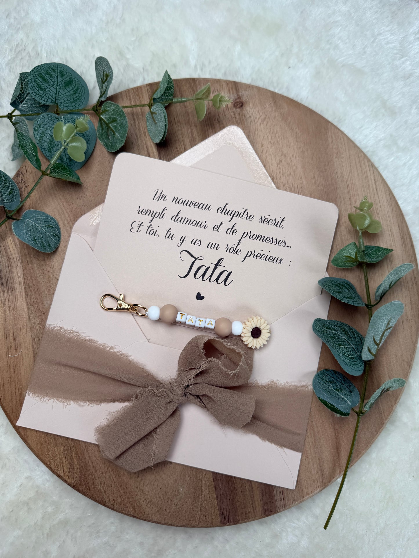 Annonce grossesse carte porte clé perle tata marron