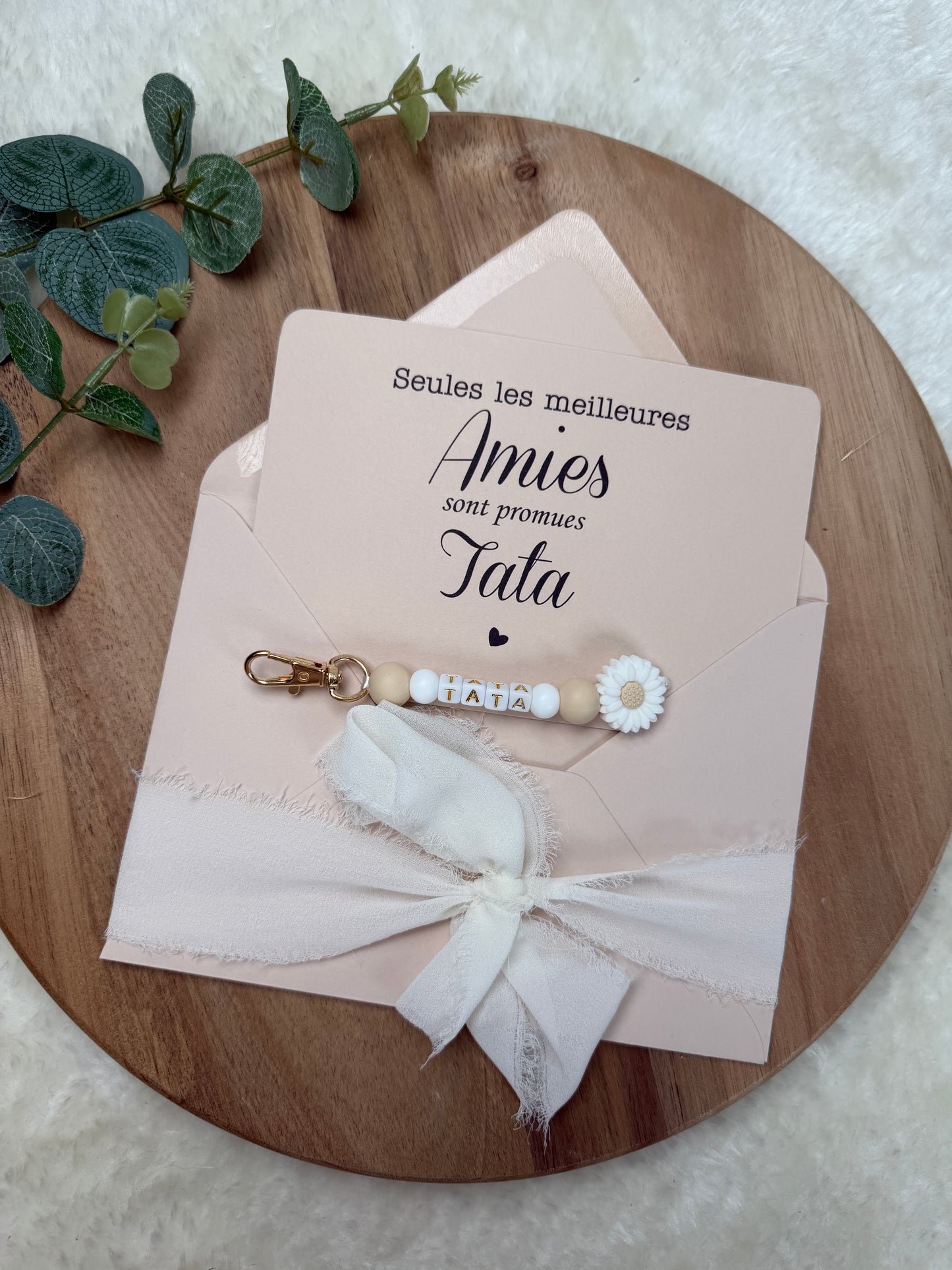Annonce grossesse carte porte clé perle tata beige