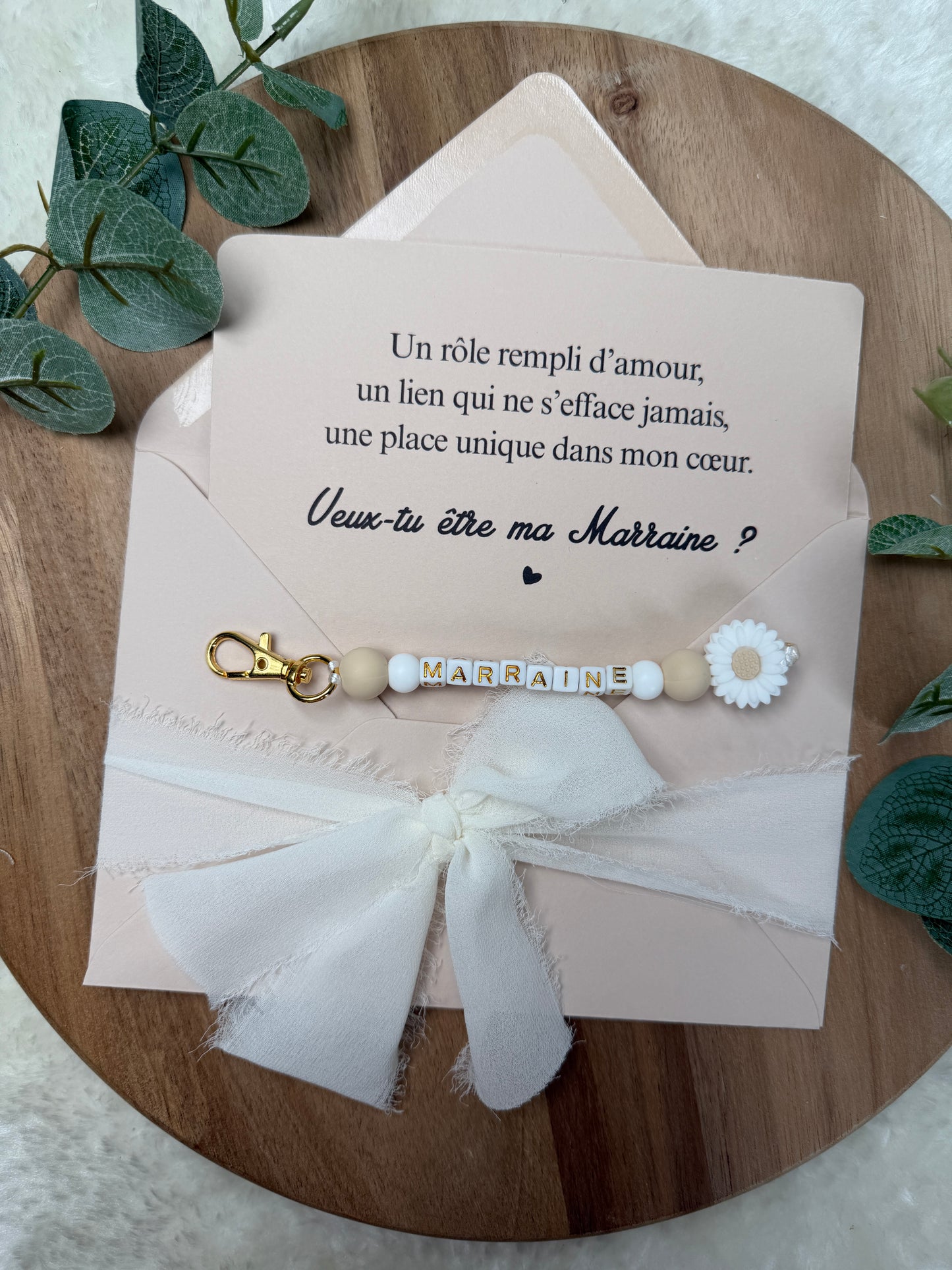 Annonce grossesse, demande marraine, blanc baptême, carte et porte clé en perles