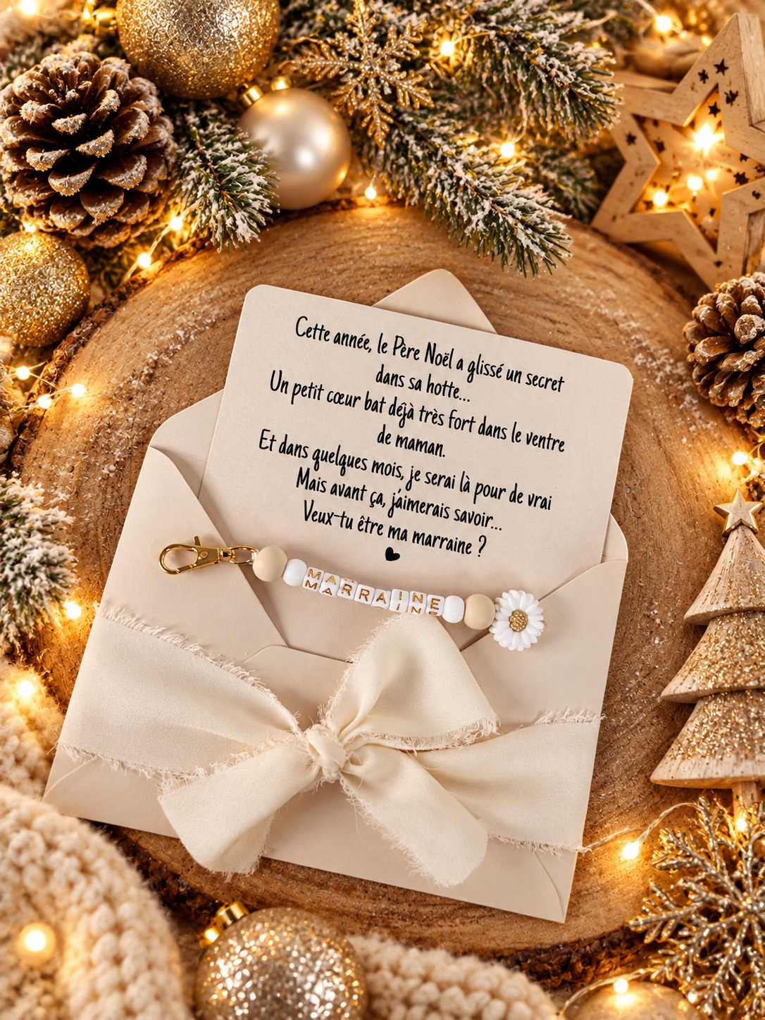 Annonce grossesse, demande marraine, blanc baptême, carte et porte clé en perles noel
