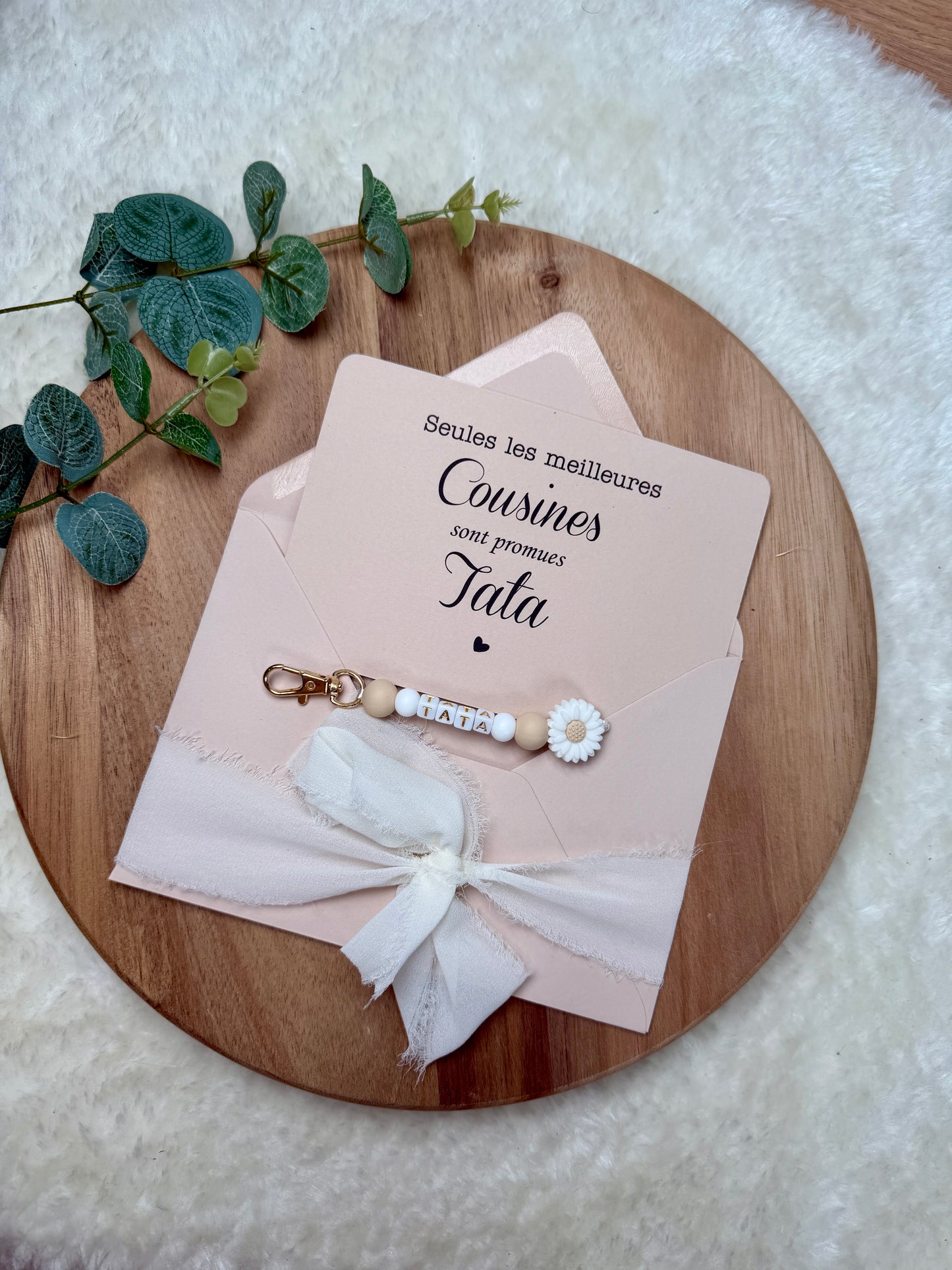 Annonce grossesse carte porte clé perle tata beige