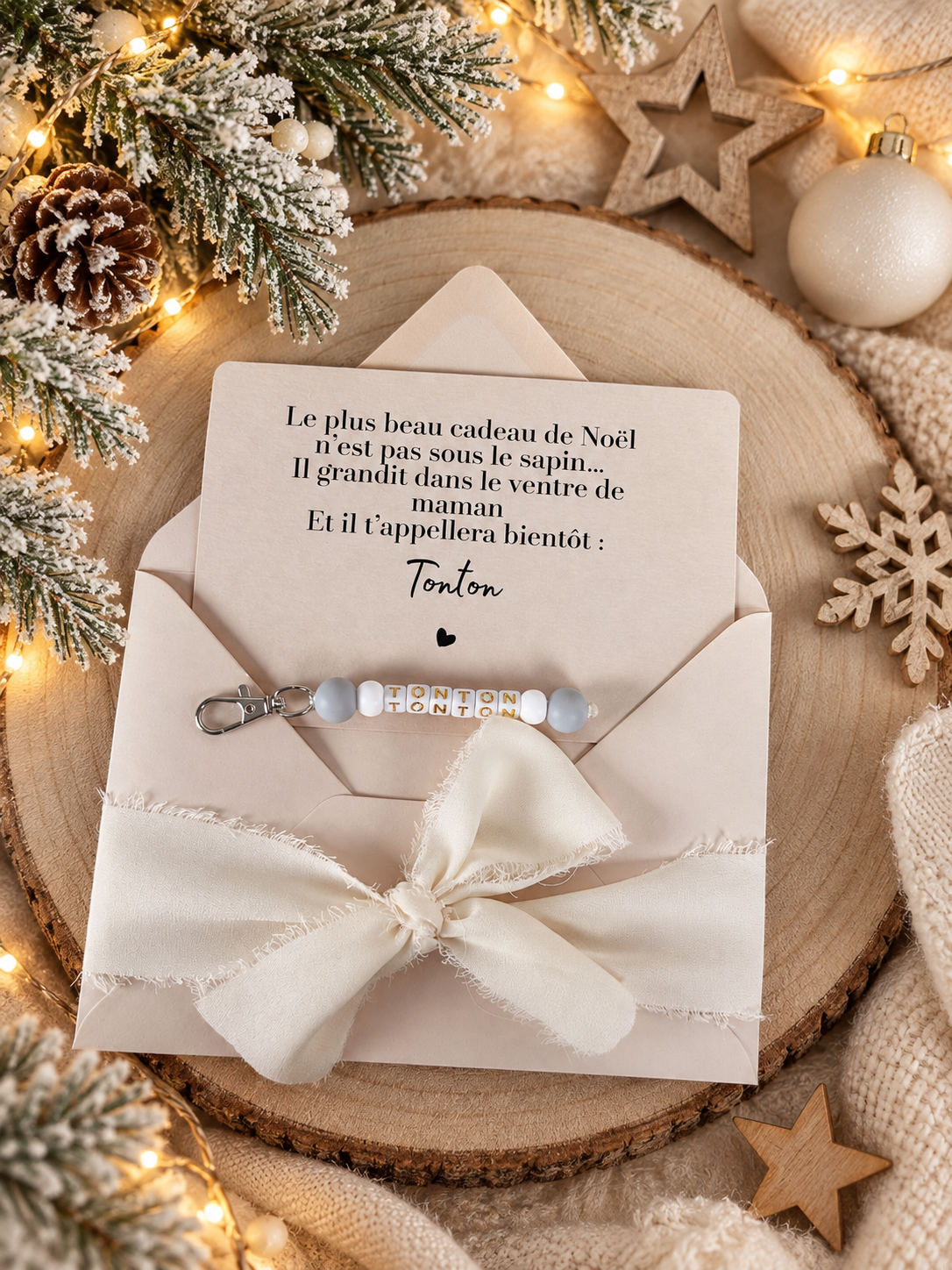 Annonce grossesse tonton carte avec petit porte clés perles grises noel