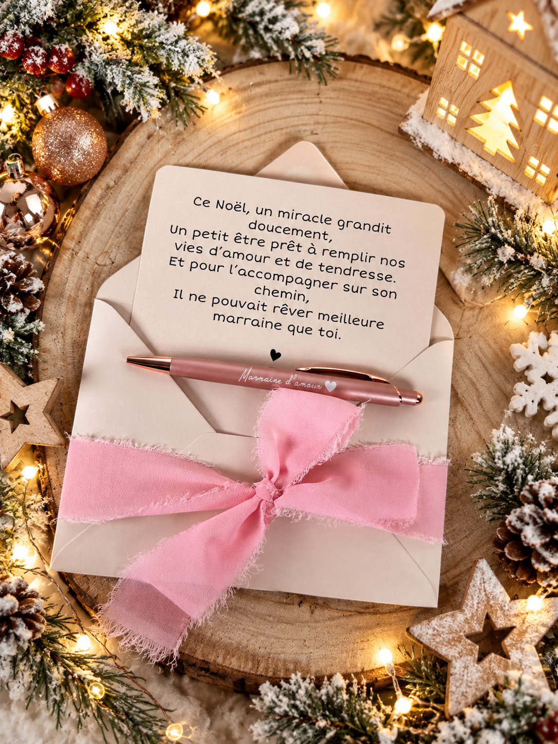 Annonce grossesse, demande marraine, blanc baptême, carte et stylo noel