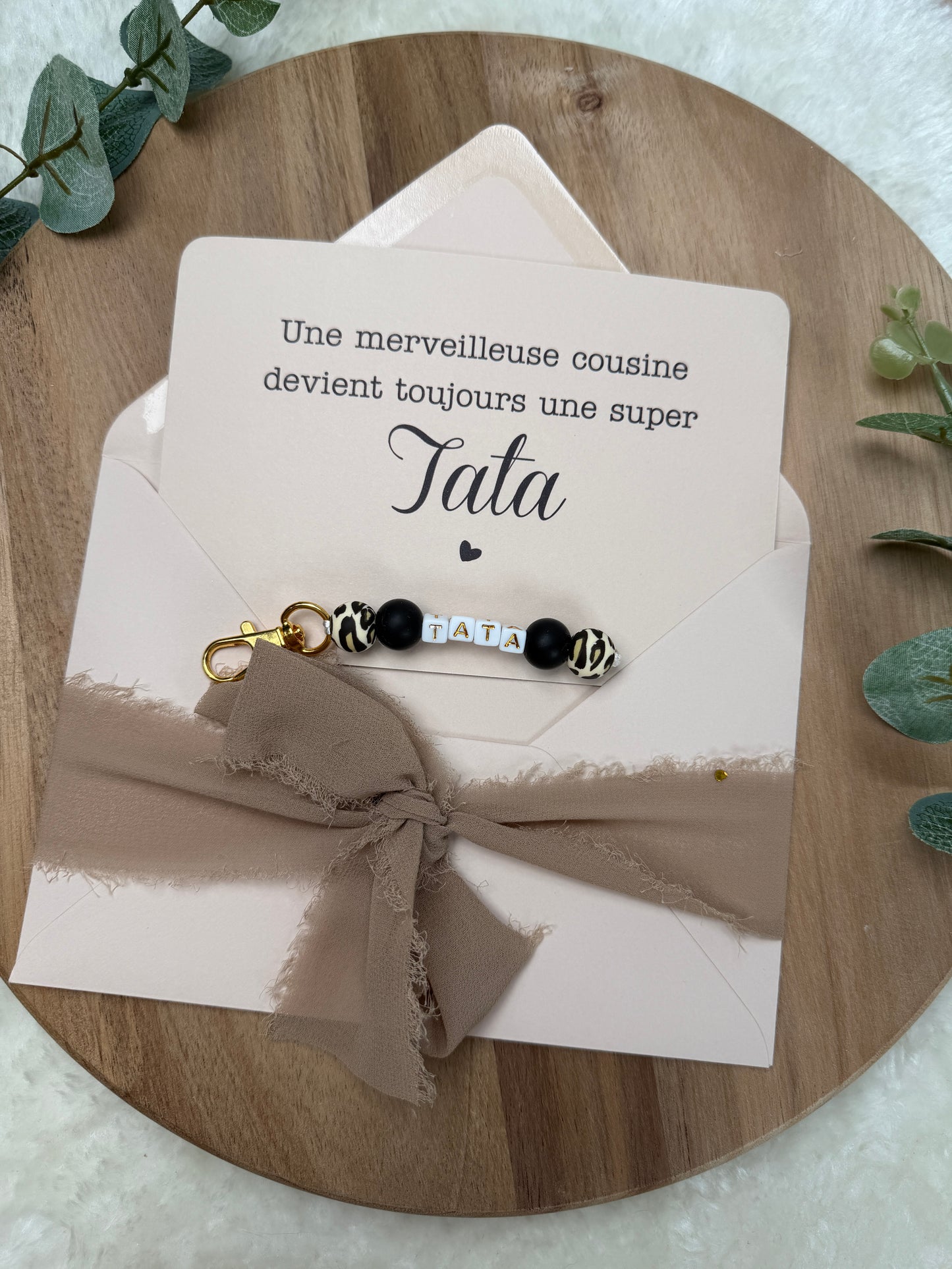 Annonce grossesse carte porte clé perle tata léopard