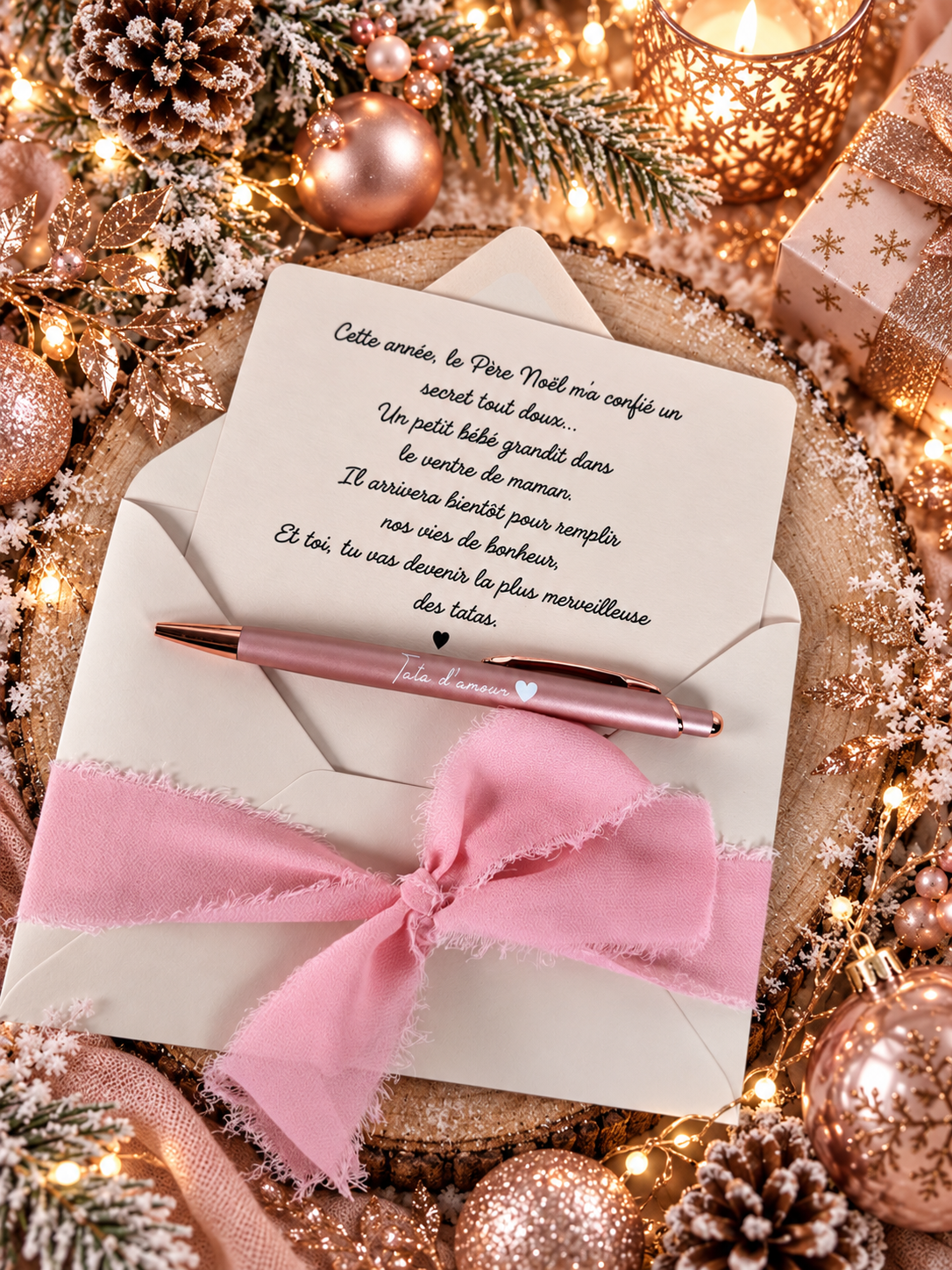 Annonce grossesse carte stylo tata beige Noël