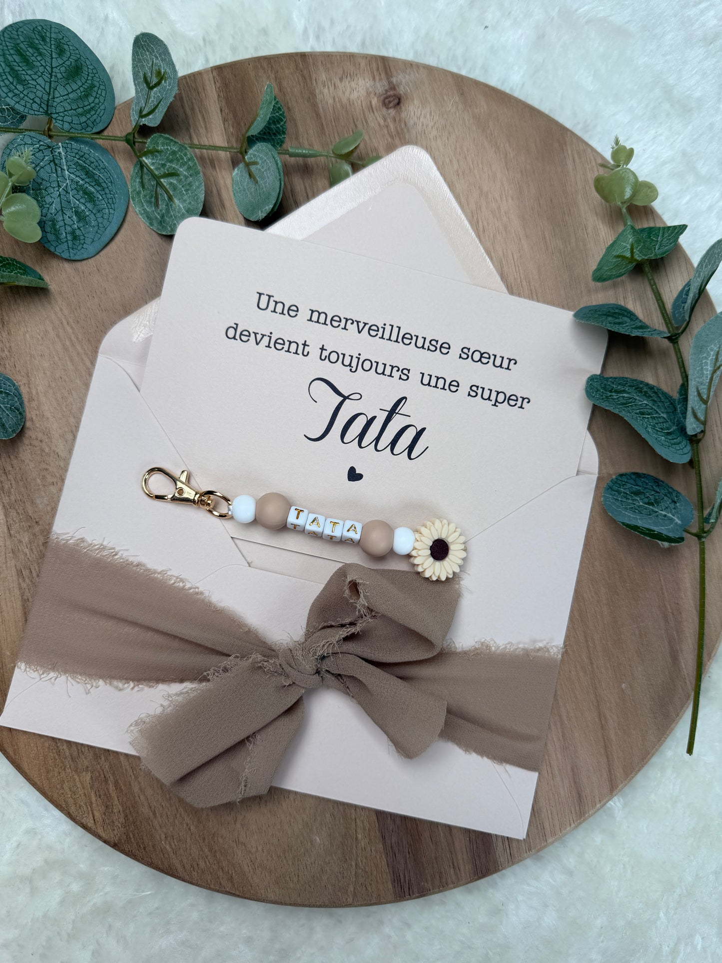 Annonce grossesse carte porte clé perle tata marron