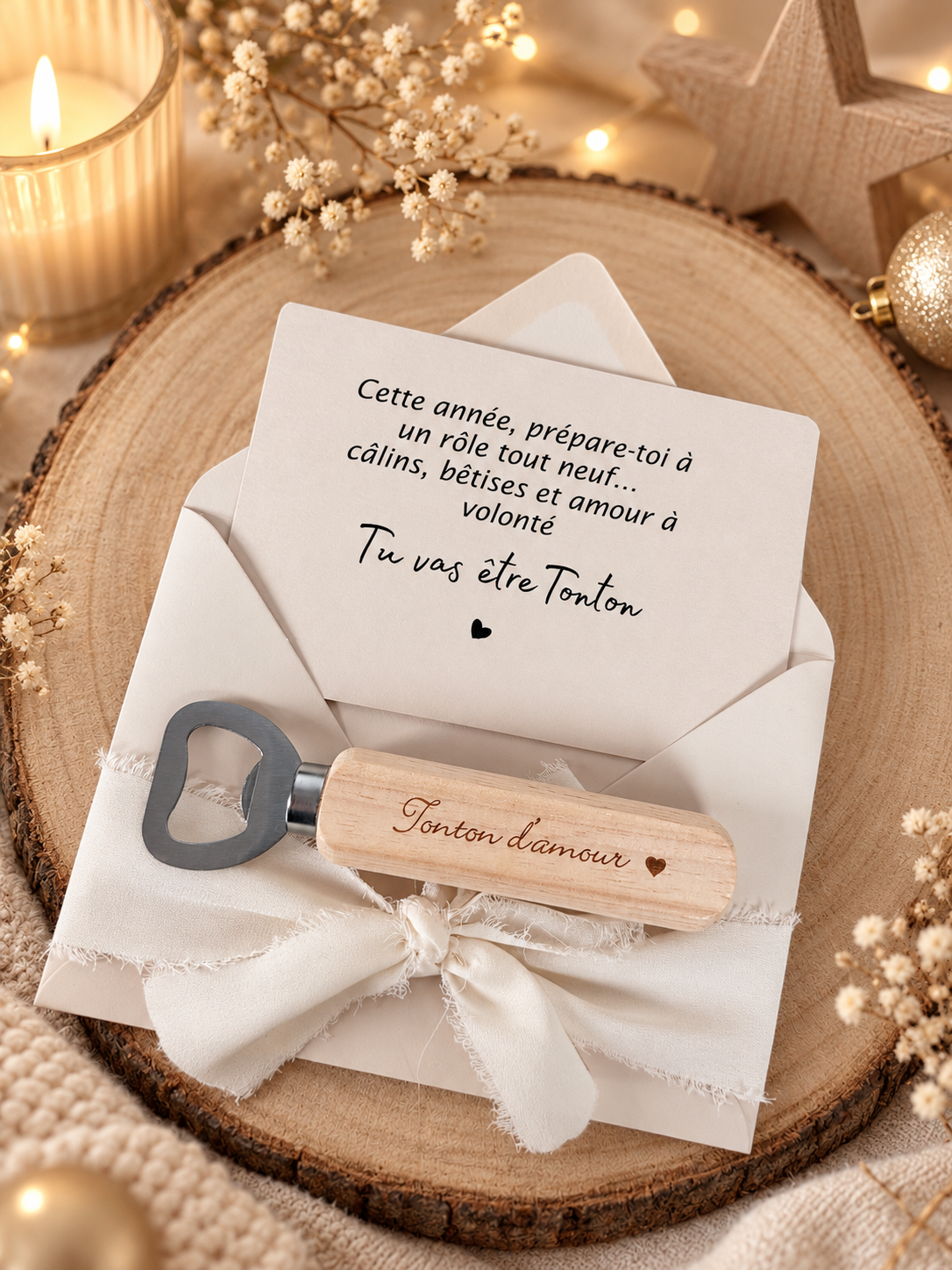 Annonce de grossesse décapsuleur/bouchon bouteille  et carte pour tonton d'amour beige noel