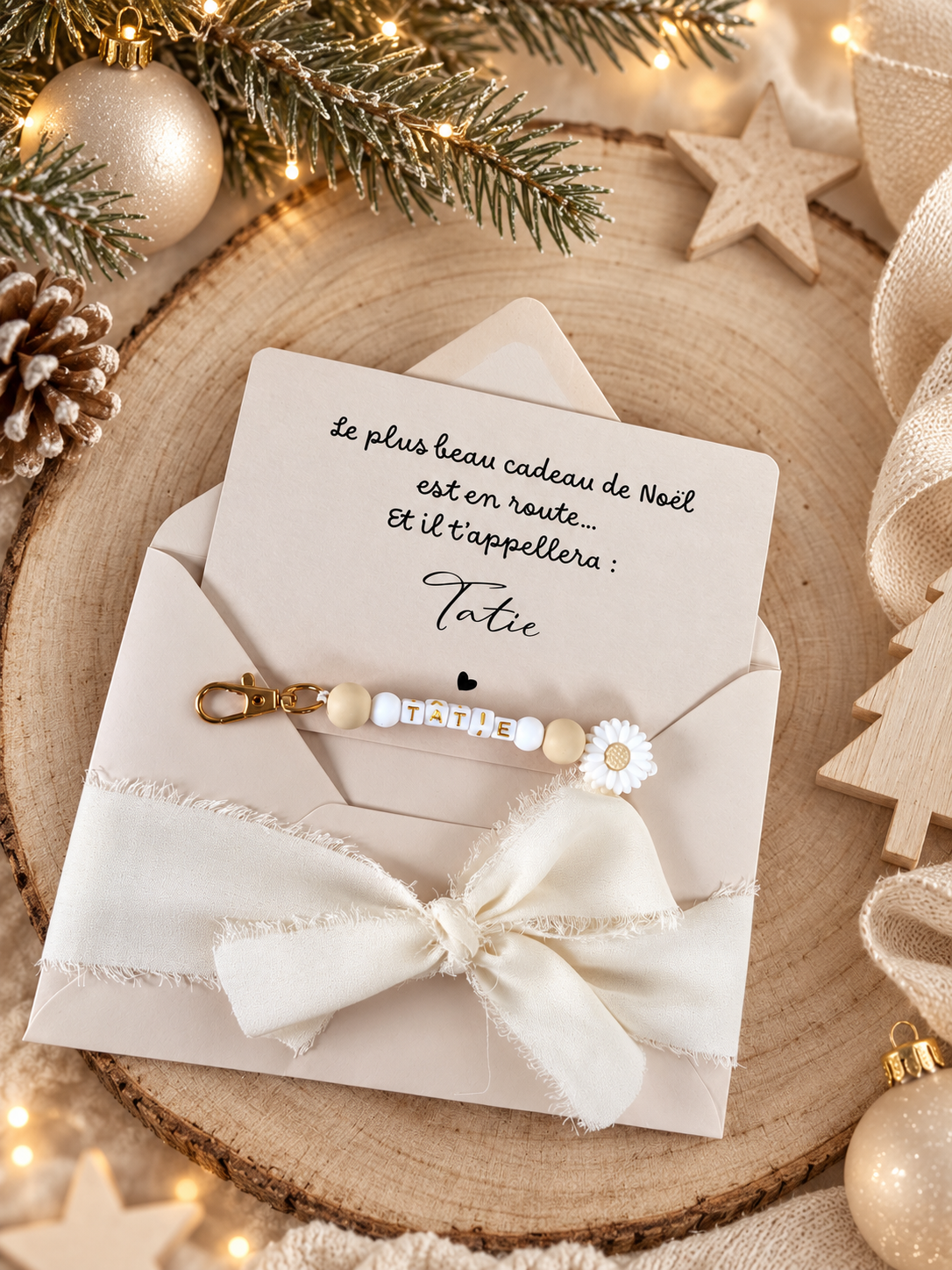 Annonce grossesse tatie carte porte-clés en perles blanche noel