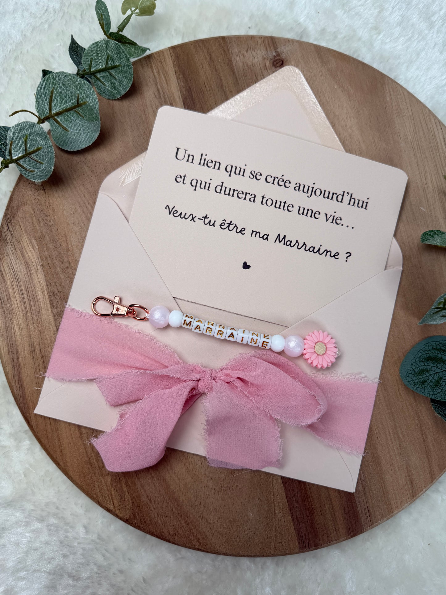 Annonce grossesse, demande marraine, rose baptême, carte et porte clé en perles
