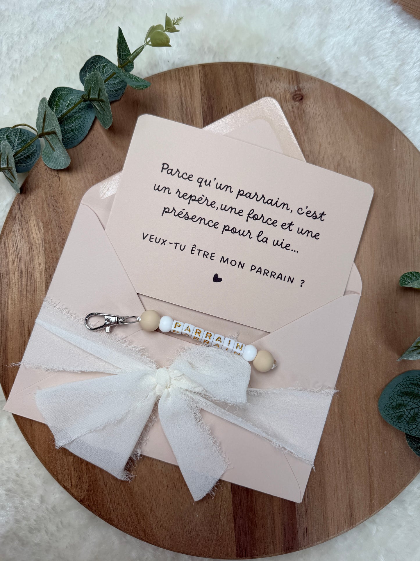 Annonce grossesse carte porte-clés parrain beige